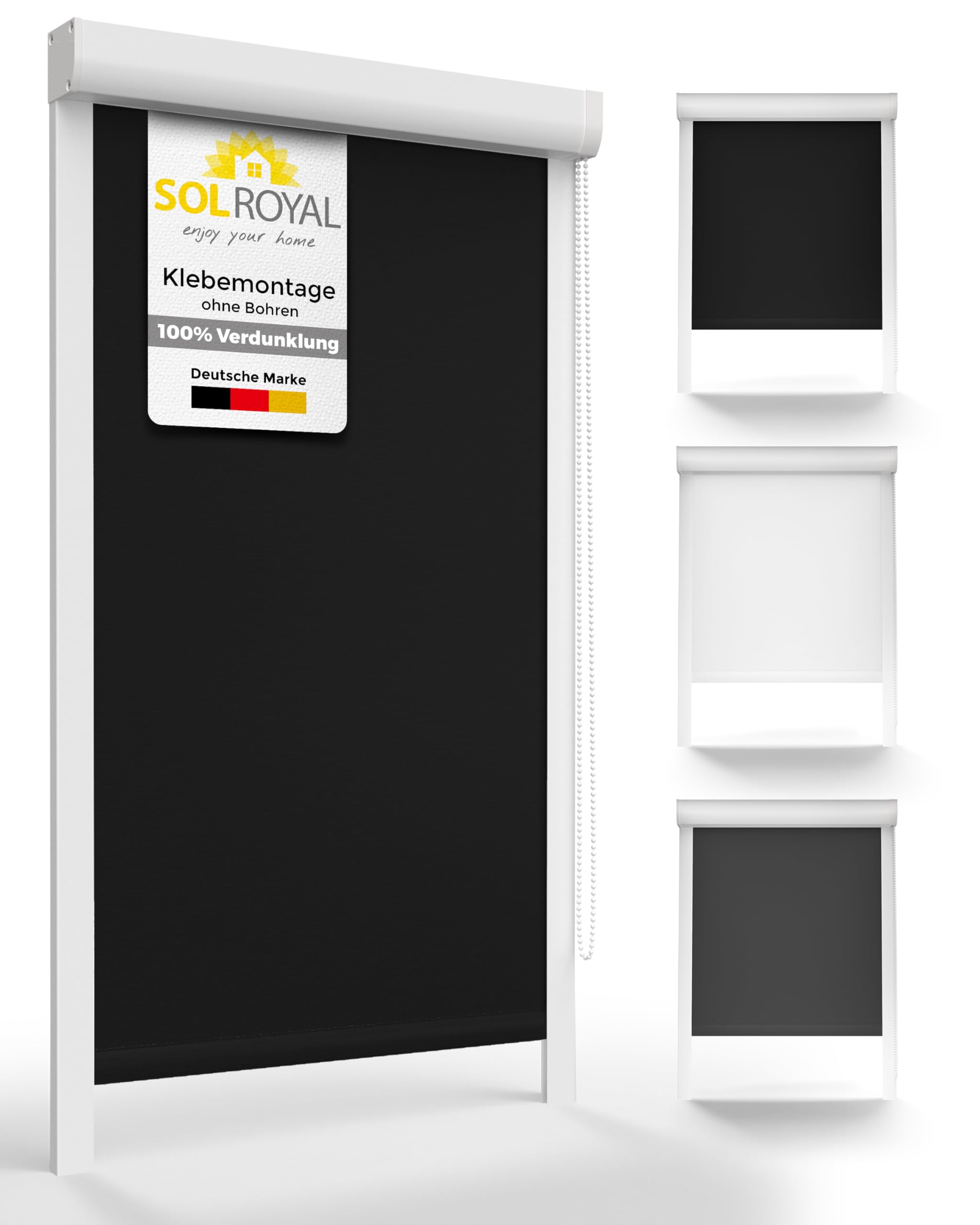 Sol Royal Kassettenrollo mit Führungsschiene Blackout Thermorollo Bohren | 100x175cm Schwarz seitliche Führungsschienen Verdunkelungsrollo 100cm breit Befestigung Verdunklungsrollo SolReflect K24