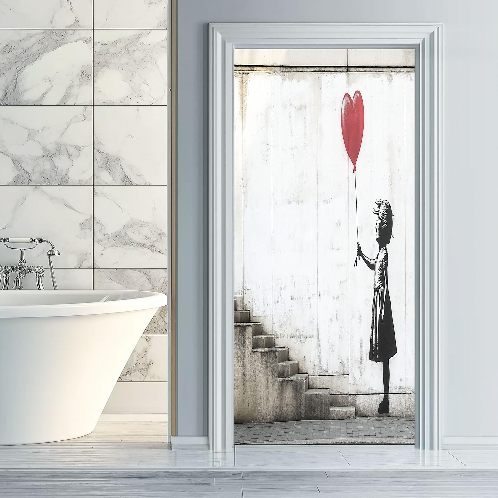 Carta Parati Porta Rimovibile PVC Autoadesivo 80 x 210 cm Adesivi Per Porte Interne Banksy Strada Graffiti Soggiorno Cucina Camerette Bagno Autoadesivo Porta Murale Decorazione, Bianco Grigio