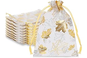 Whaline 100 Pcs Fall Organza Bags Drawstring Gold Maple Leaves Gift Bags