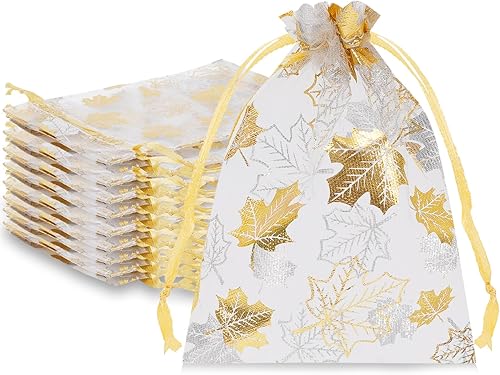 Whaline 100 bolsas de organza de otoño con cordón de hojas de arce doradas, bolsas de regalo de joyería de Acción de Gracias, bolsas de regalo para disponible en Yaxa Peru