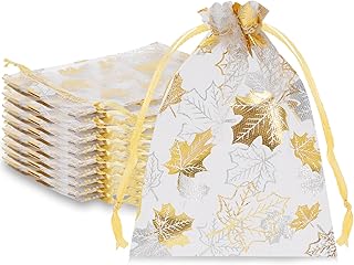 Whaline 100pc Fall Organza Gift Bags with Gold Maple Leaves