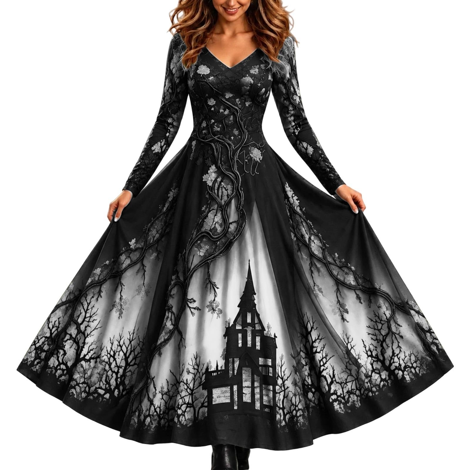 Halloween Dresses for Women UK Ladies Gothic Dress Skeleton Print Costume Long Sleeve V Neck Plus Size Costumes Funny Skeleton Printed Halloween Flowy Maxi Dress Cosplay Party