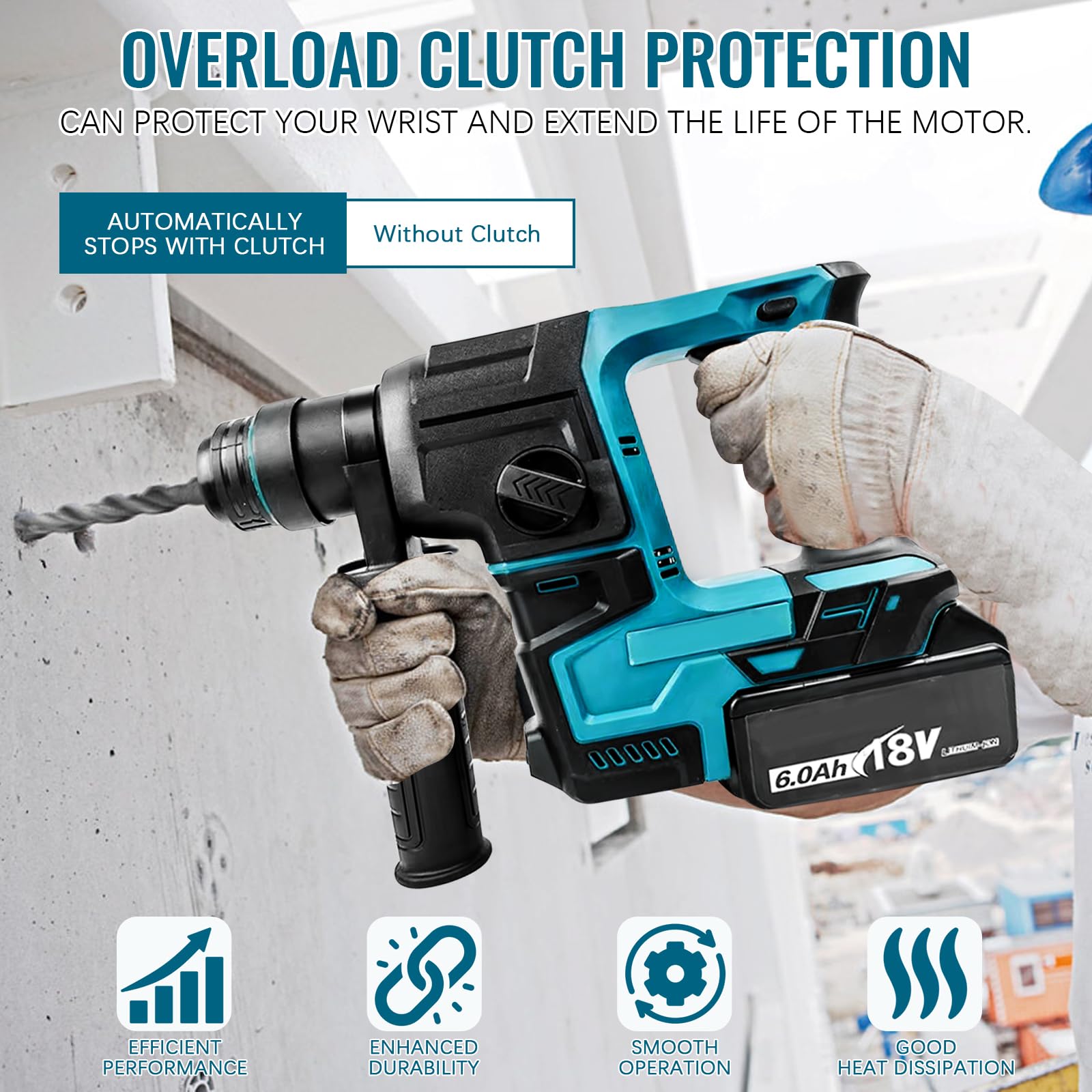 LIROPAU Martillo Perforador a Batería Compatible con Batería Makita 18V con 8 Brocas y Guantes, 2,2 J, 1400 U/min, 4200 bpm, SDS Plus Mandril para Uso Doméstico y Profesional (sin batería)