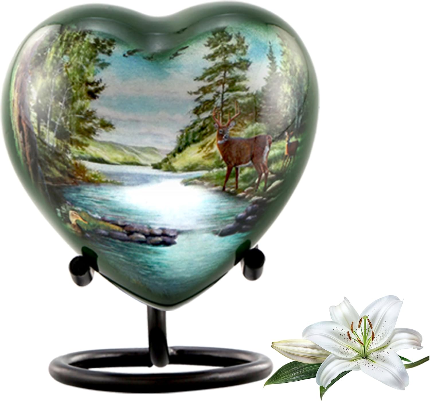 Deer Heart Keepsake Urn for Ashes, Hunting Urn, Mini Buck Urn, Hand Painted Memorial Mini Heart Urn, Handmade Miniature Forest Heart Urn with Stand, Premium Case & Bag, Metal