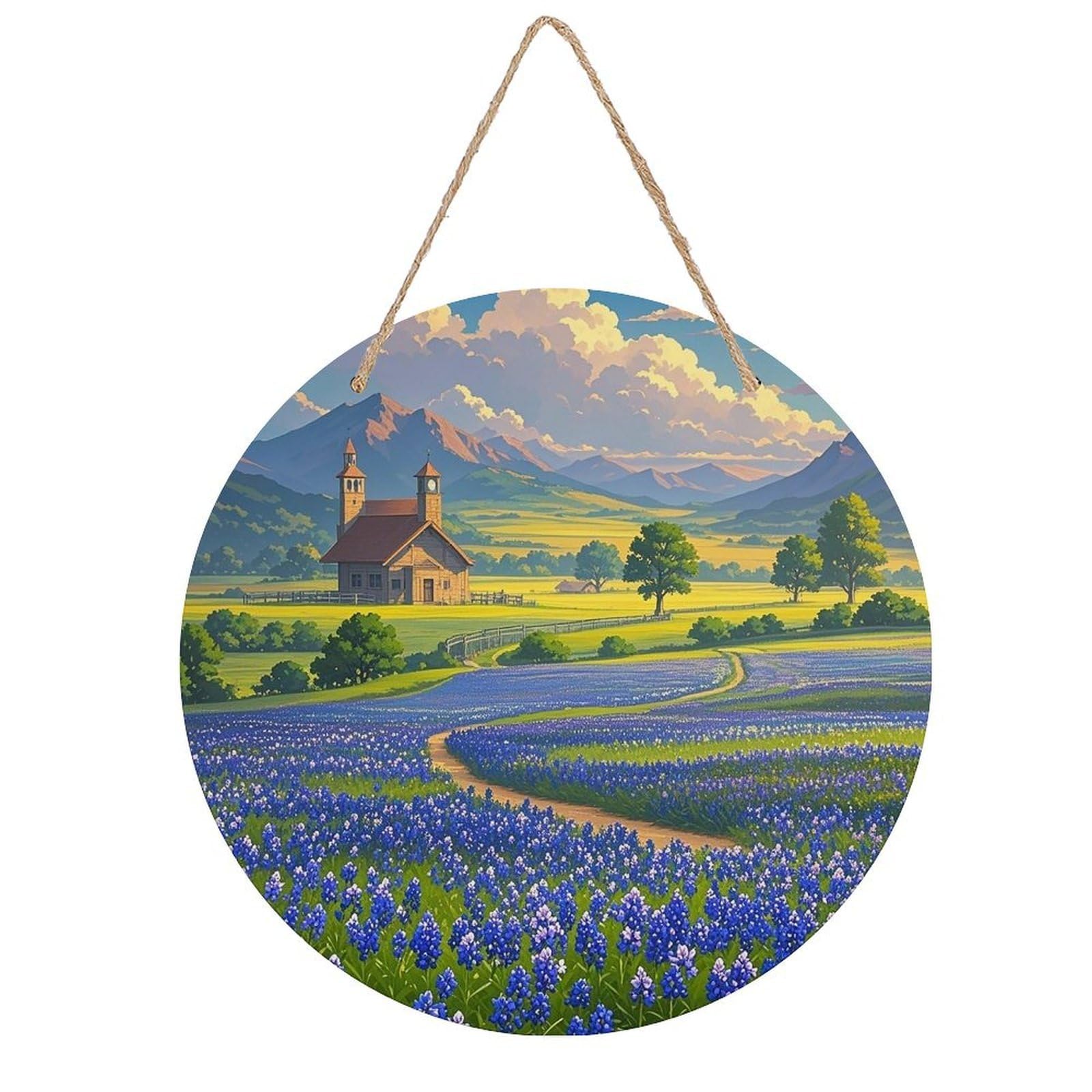 FekiLoot Round Texas Bluebonnets Scenery Wall Art Decor Painting Wooden Hanging Sign with Ropes Bohemian Wall Hanging Retro Mid Century Modern Wall Art for Home Bedroom Living Room 7.9x7.9 in