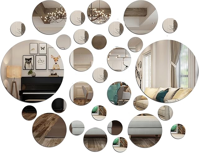 JTOOYS Mirror Wall Stickers, 30Pcs Round Removable 3D Mirror Wall Stickers Decor Art Circle Self Adhesive DIY Wall Mirror Decals for Living Room Kitchen Bedroom Office TV Background