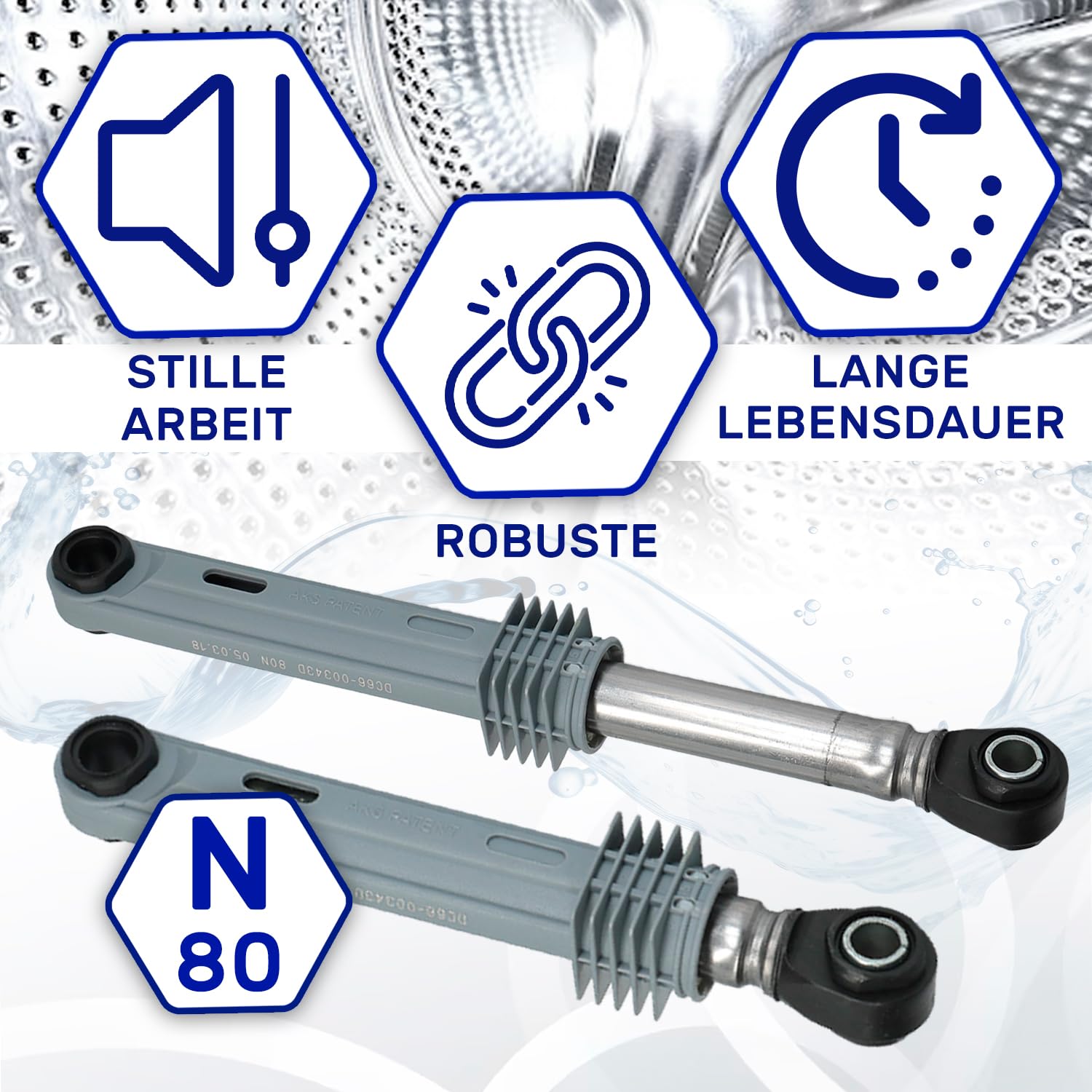 2 Stück Stoßdämpfer Waschmaschine 80N Ø10mm Ø13mm Länge 165 mm – 250 mm mit dem Originalcode DC66-00531C DC66-00343D DC66-00421B für Samsung - Komplett mit Microfasertuch – MONTERAL
