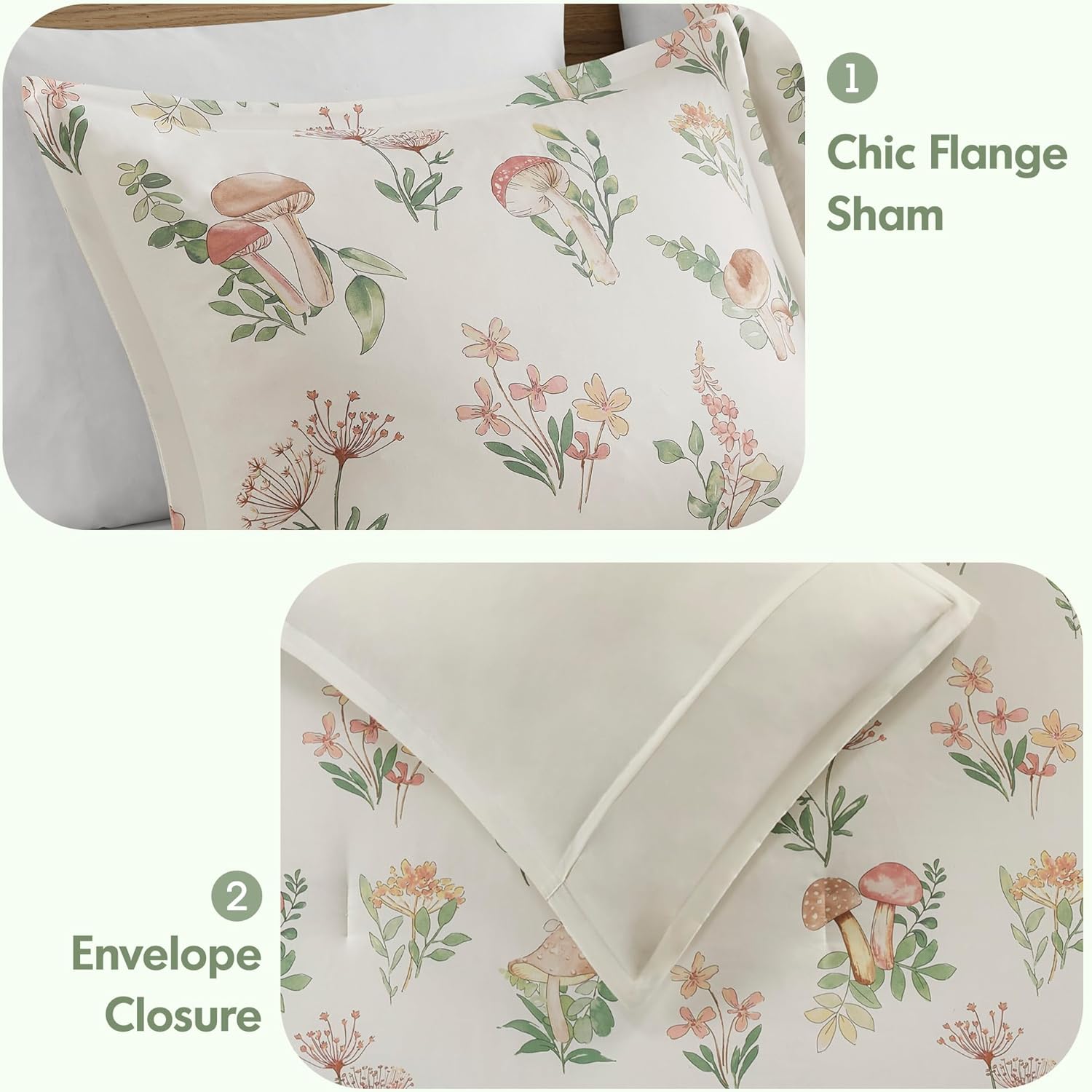 Intelligent Design Queen Comforter Set, Whimsical Floral & Mushroom Cottage Design, Microfiber Lightweight All Seasons Down Alternative Bedding, Sham & Décor Pillow, Gwen, Full/Queen Green 4 Piece