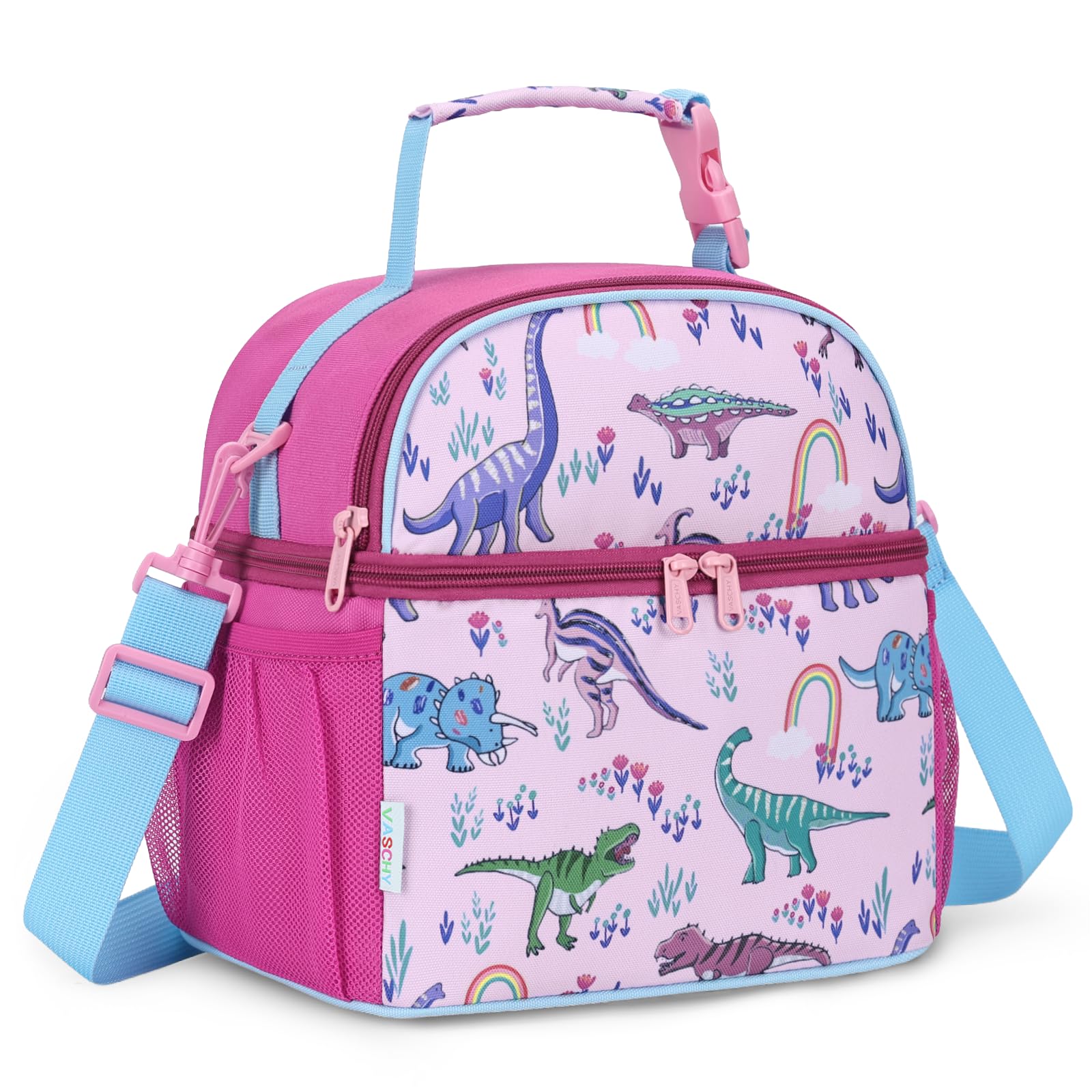 VASCHY Lunch Bag for Kids, Insulated Girls Lunch Box Bag Double Decker Cooler Lunch Tote for Toddlers School/Daycare/Picnic Pink Dino Print