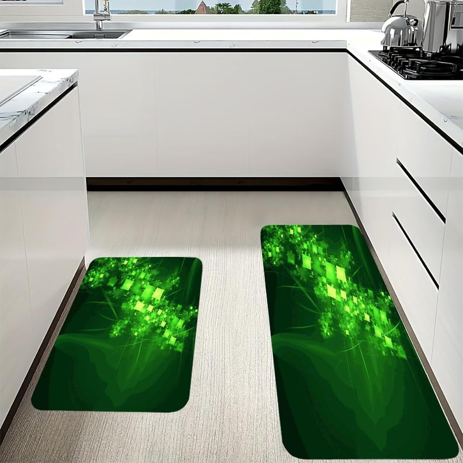 Green Digital Art Kitchen Mats with 2PCS Non-Slip Washable,Kitchen Rug Heavy Duty Durable, Floor Mats for Kitchen,Office,Sink,Laundry