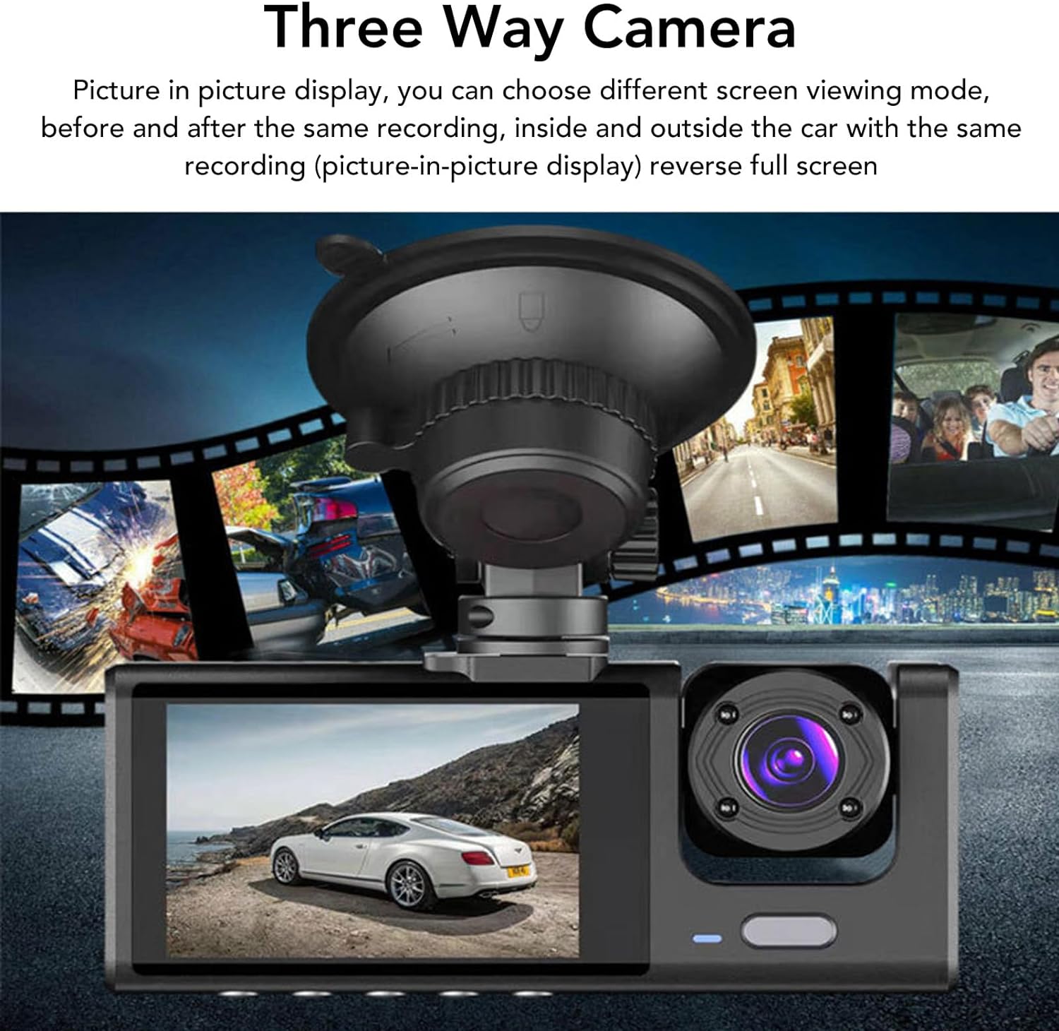 Three-way camera display showing front, interior, and rear views simultaneously.
