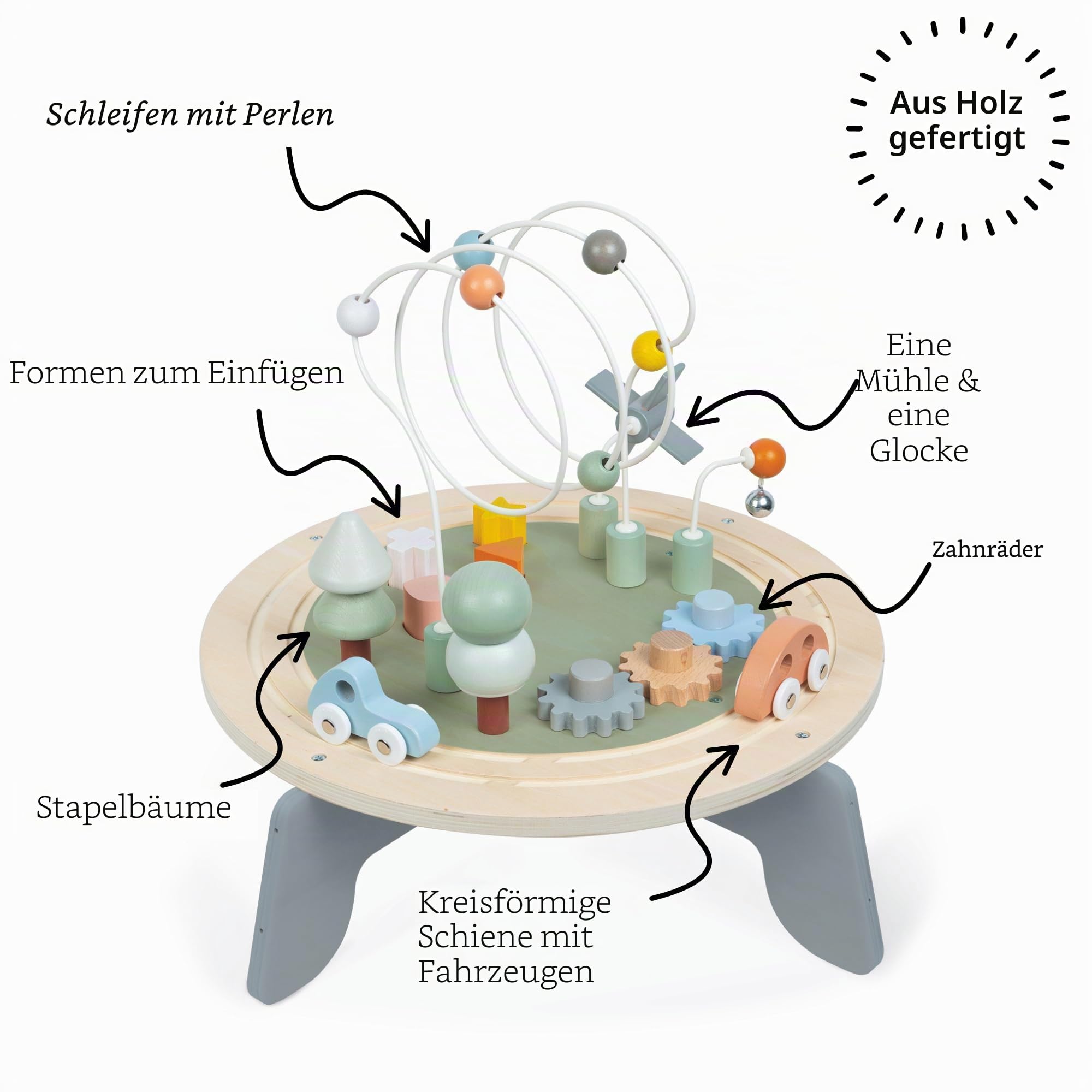 Janod - Sweet Cocoon Aktivitätstisch aus Holz - Multi-Spieltisch für Kleinkinder - Feinmotorische Entwicklung - Rutschfeste Füße - Farben auf Wasserbasis - FSC-zertifiziert - Ab 1 Jahr, J04402
