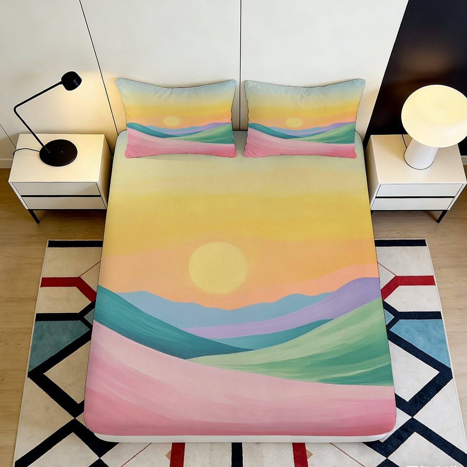 3D Printed Sunset Landscape Fitted Sheet Microfiber Soft Pastel Mountain Mattress Cover Bedroom Decor 90x200x25cm