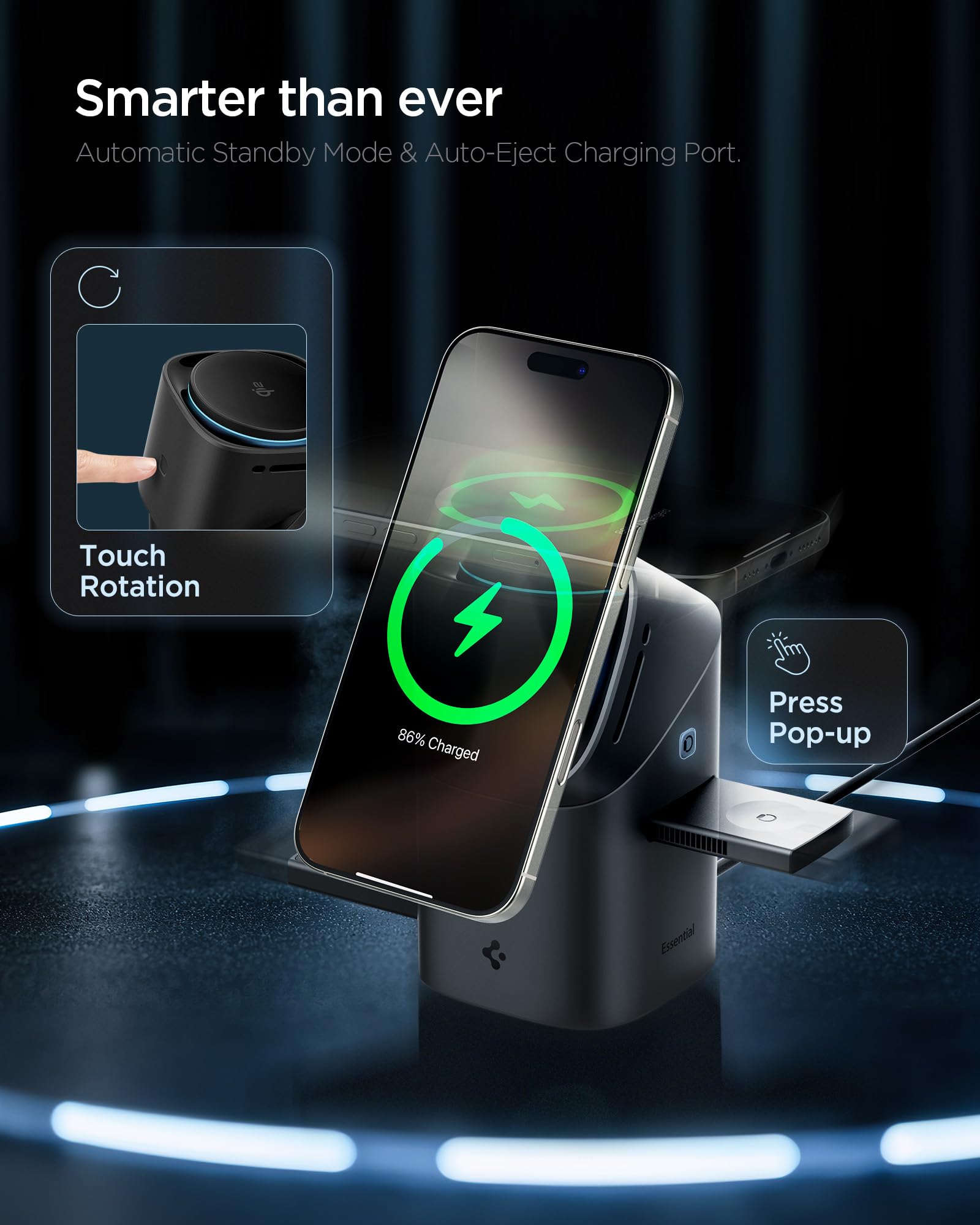 Spigen Essential MagFit Qi2 Caricatore Wireless 3-in-1 15W, Stazione di Ricarica Magnetica con Rotazione Touch per iPhone 17/16/15/14 Pro Max 17e Samsung Galaxy S26 Ultra Plus, AirPods e Apple Watch