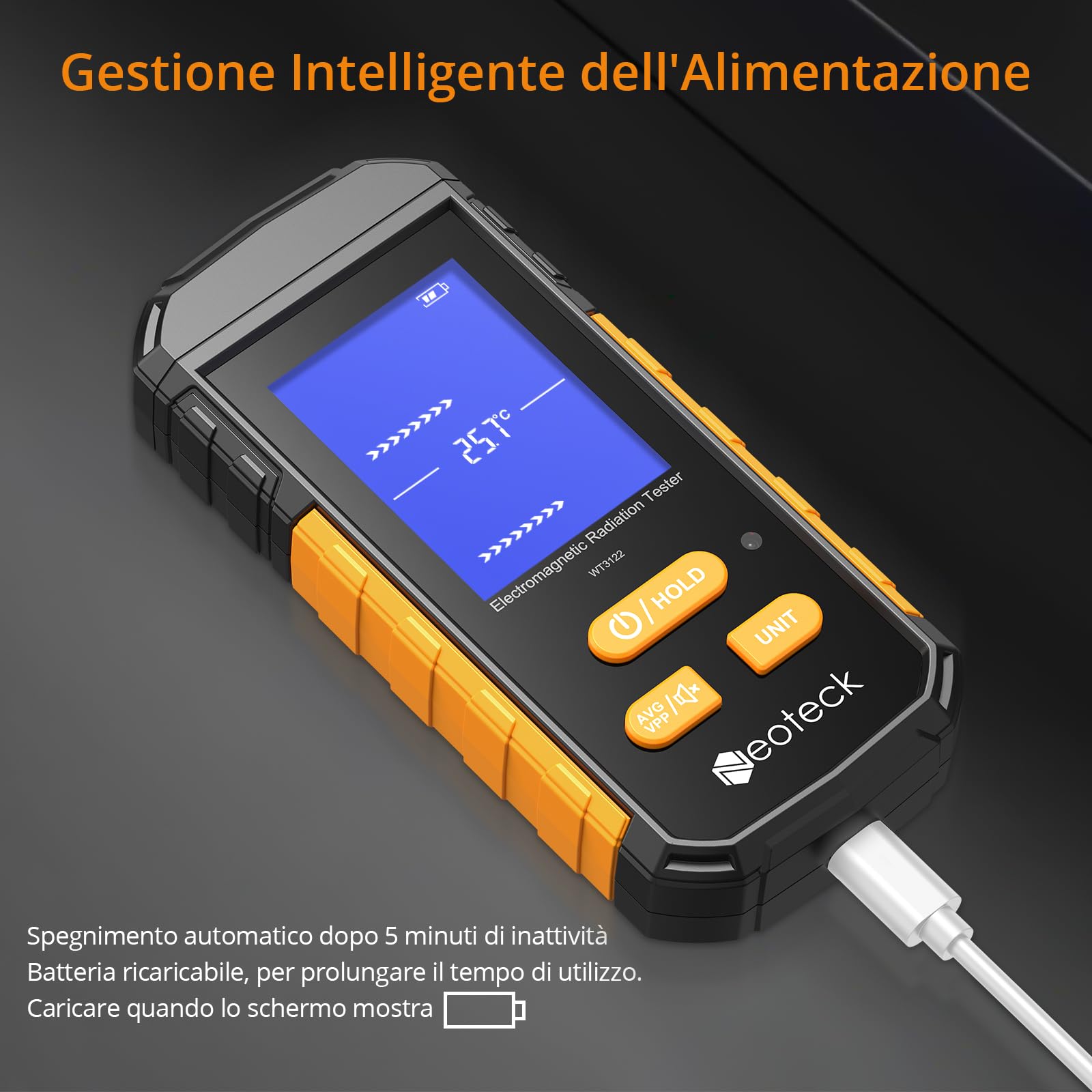 Neoteck Misuratore EMF 3-in-1 Rilevatore di Radiazioni Elettromagnetiche Ricaricabile con Schermo LCD Contatore di Radiazioni Allarme Acustico Campo Elettrico per Cucina Ufficio Fabbrica