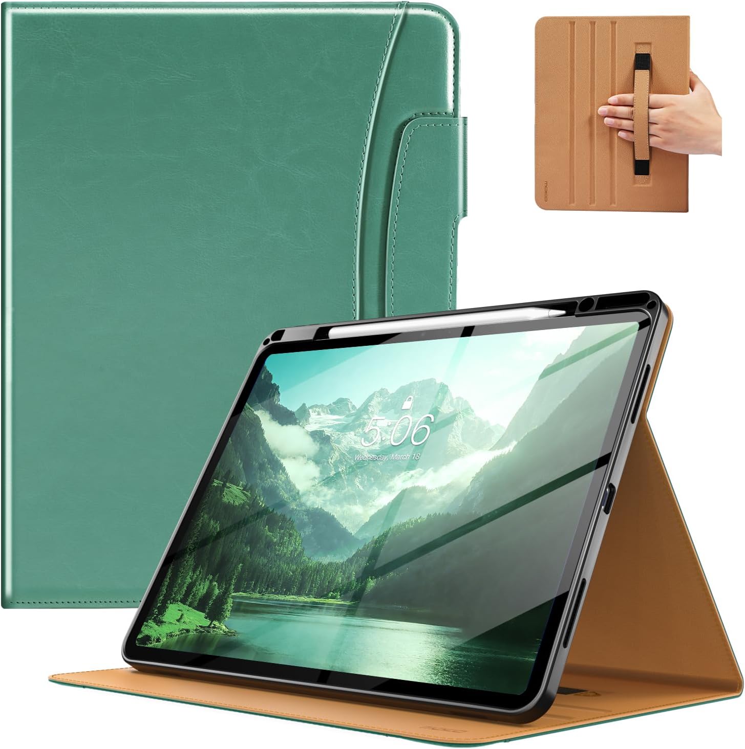 MoKo Case for iPad Air 13-inch (M4) 2026 / (M3) 2025 / (M2) 2024 with Pencil Holder & Hand Strap & Pocket, Premium Leather Folio Stand Cover, Multiple Viewing Angles, Green