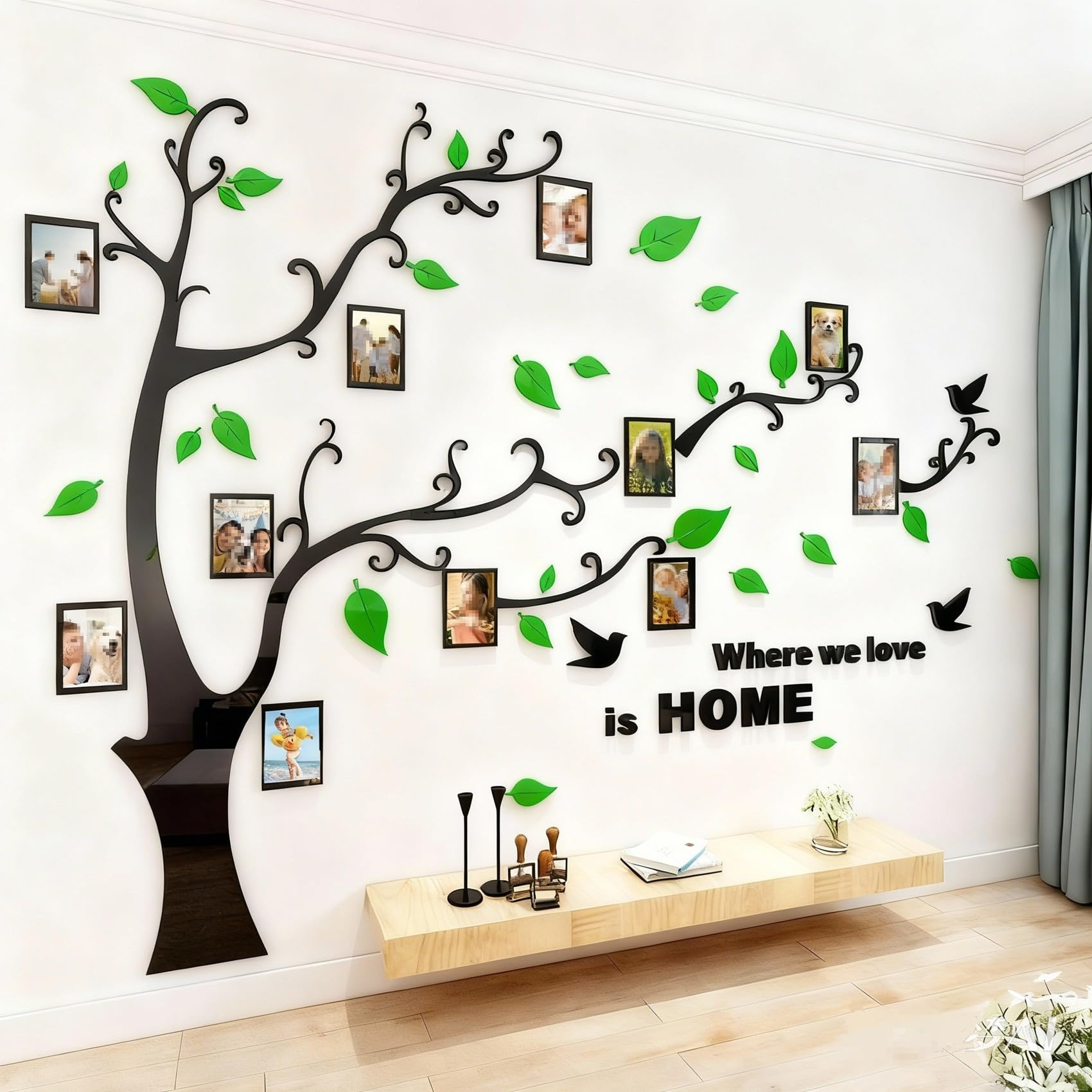 3D Tree Wall Stickers - DIY Photo Frame Tree Wall Decal Family Photo Frame Sticker Murals Wall Decor Living Room Bedroom TV Background Home Decorations (L:91 * 69in,Green Right)