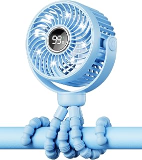 Mini Portable Stroller Fan for Travel,360° Rotation,4-Speed LED Night Light Clip on Fans Operated by Rechargeable Battery, Cordless Fan with Tripod Car Seat Baby Pram (Blue)
