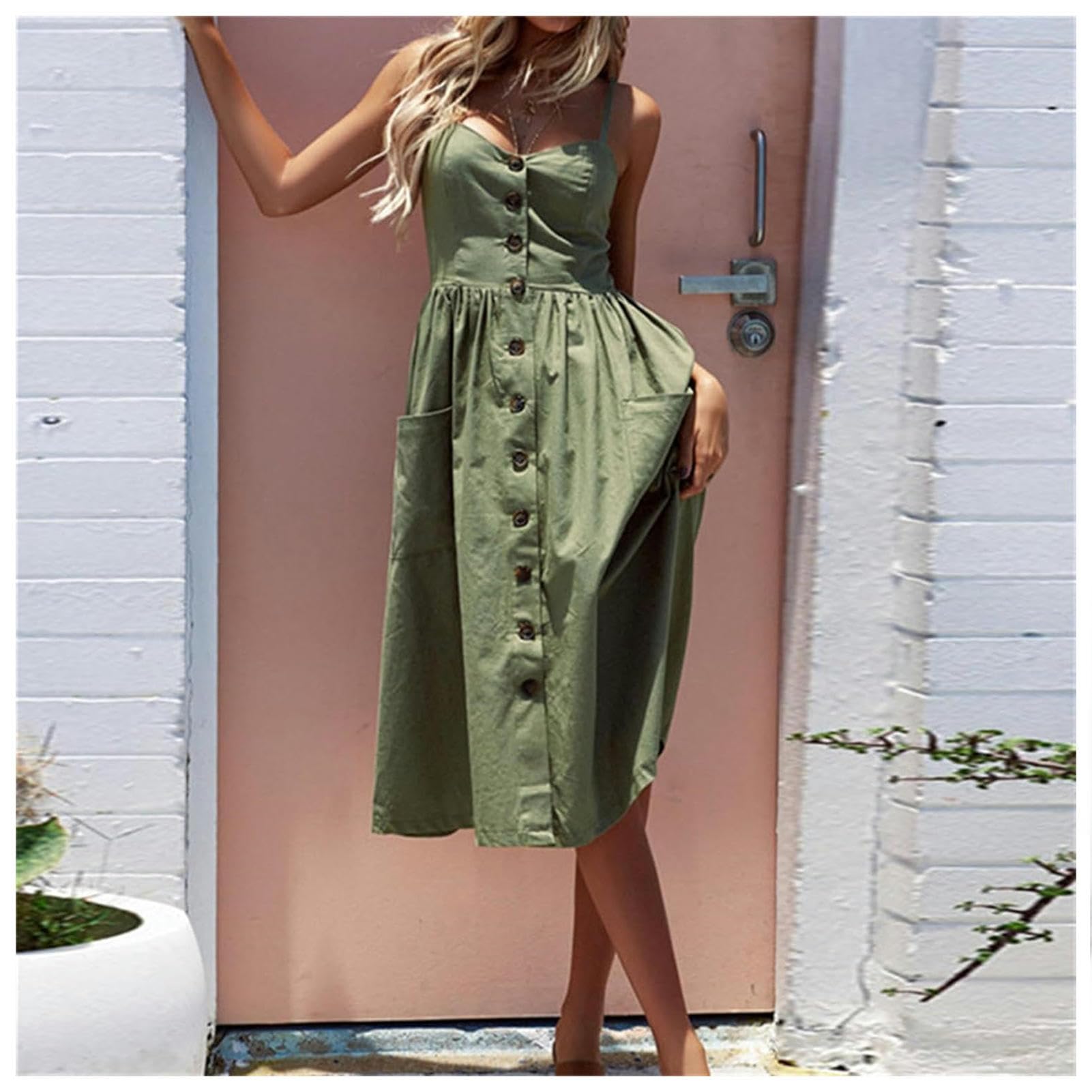 Gonna Lunga Abito Midi per Donne Summer Color Solid Single Sfritto con Tasche Abiti Bohiamian Sleevelico Sleevelico-m-20