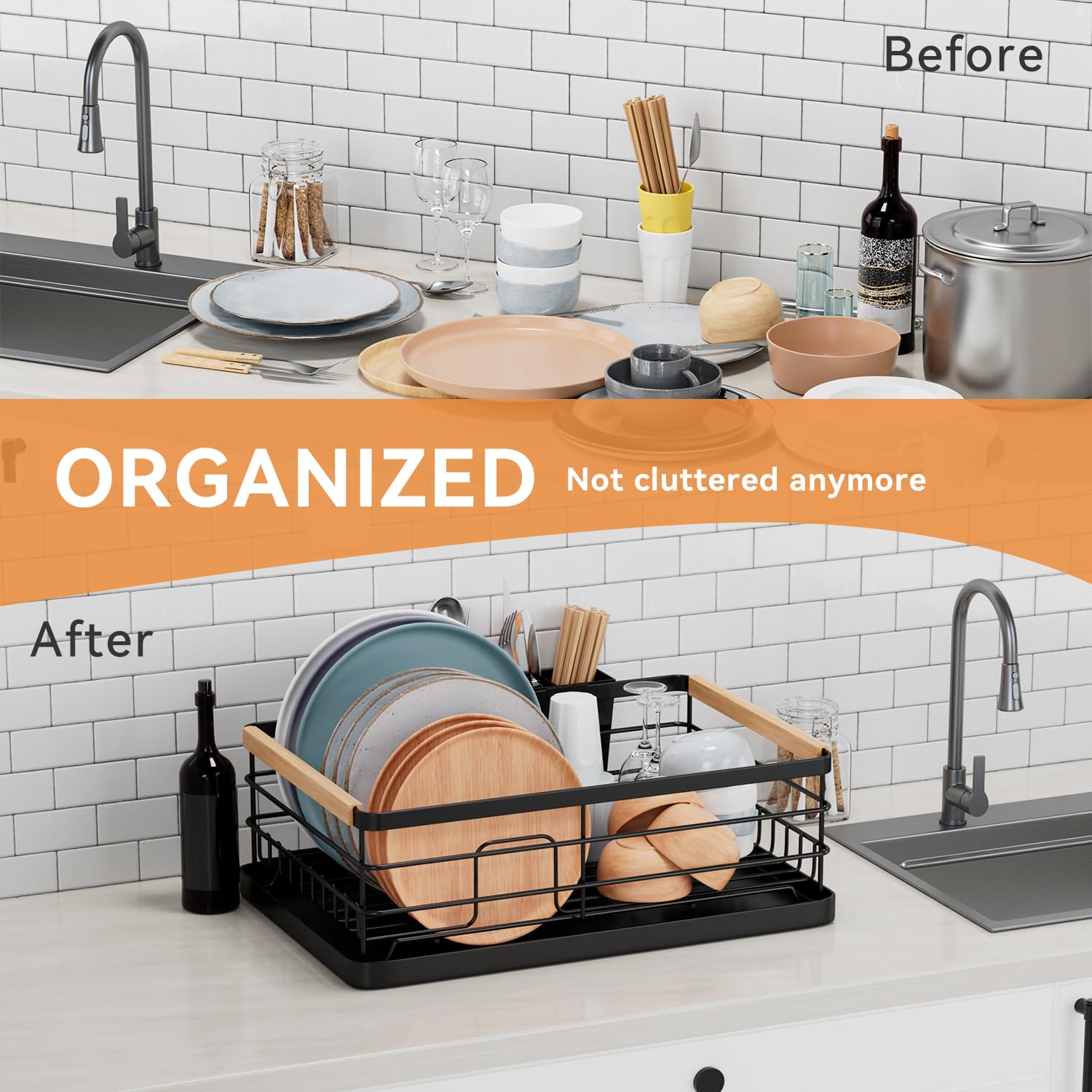 BRIAN & DANY Escurreplatos para encimera de Cocina, escurridor de Platos de Acero Inoxidable con Soporte extraíble para Cubiertos y escurridor, Color Negro