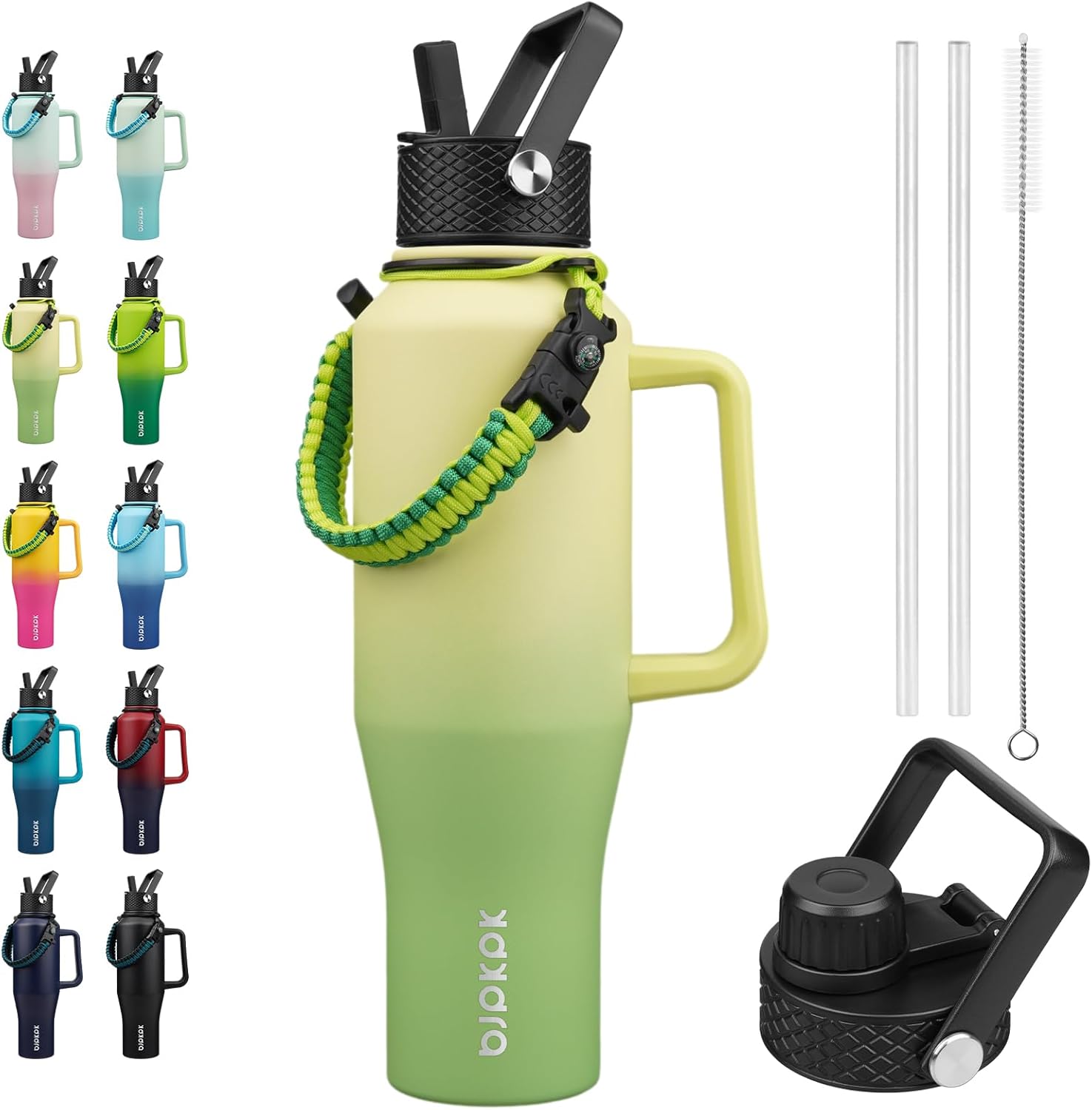 BJPKPK Insulated Water Bottles with Straw Lid, 40oz Metal Water Bottle with 2 lids & Paracord Strap, Double Wall Stainless Steel Tumbler with Handle, Reusable Cups, Mugs, Thermo, Fresh Green