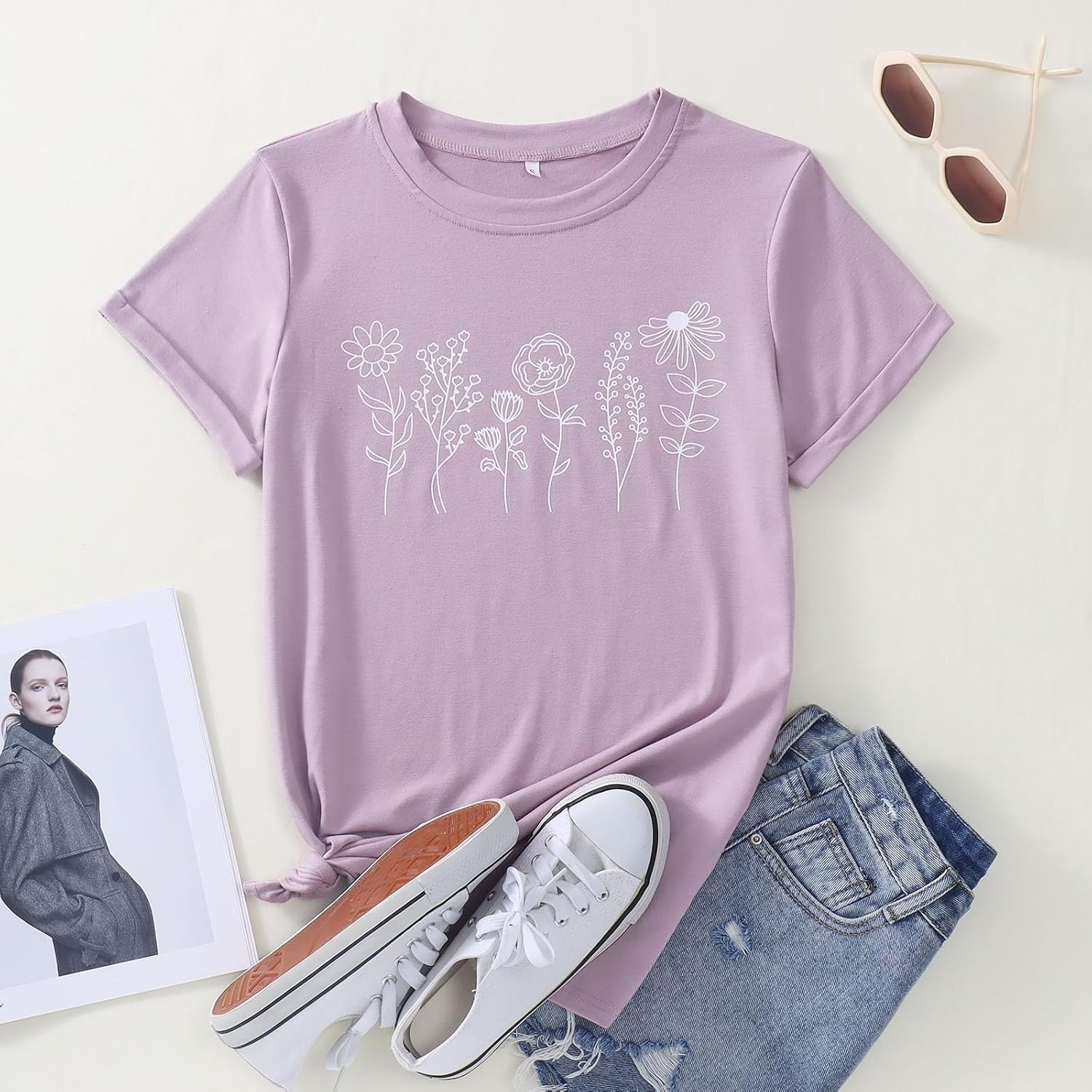 Women's Floral Tee Wildflower Graphic T Shirt Summer Flower Casual Loose Top Crew Neck Short Sleeve Shirts Tees - Image 3