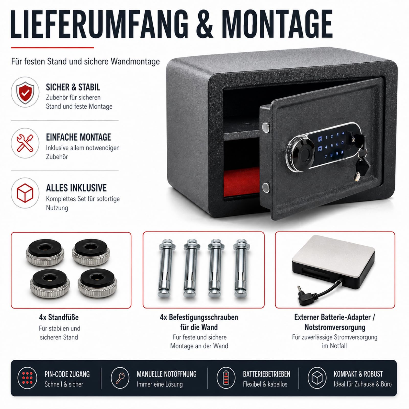 Bituxx Elektronischer Smart Tresor Safe Möbeltresor Wandtresor mini klein 25L mit Touch-Bedienfeld, PIN-Code & Schlüssel