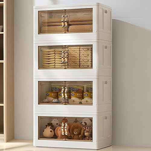 Fangtueh Contenedores de almacenamiento plegables de 20 galones con tapas y ruedas, paquete de 4 organizadores apilables de armario y