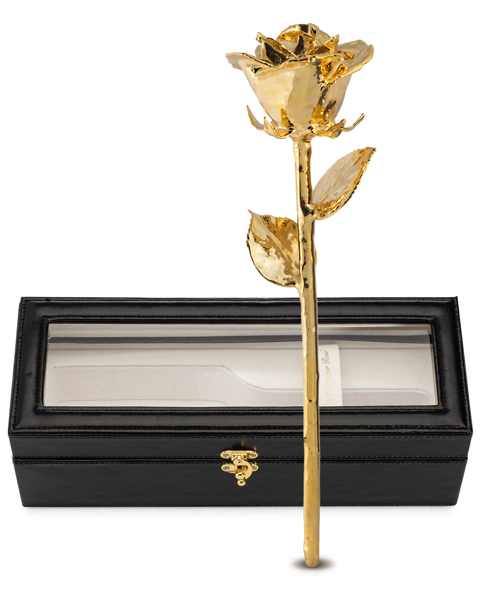 Forever Rose 24K Gold Dipped Real Rose – Handmade, Long-Lasting Preserved Flower in Leather Case – Romantic Gift for Anniversary, Valentine's Day, Mother's Day, Birthday, Wedding, Wife, Girlfriend