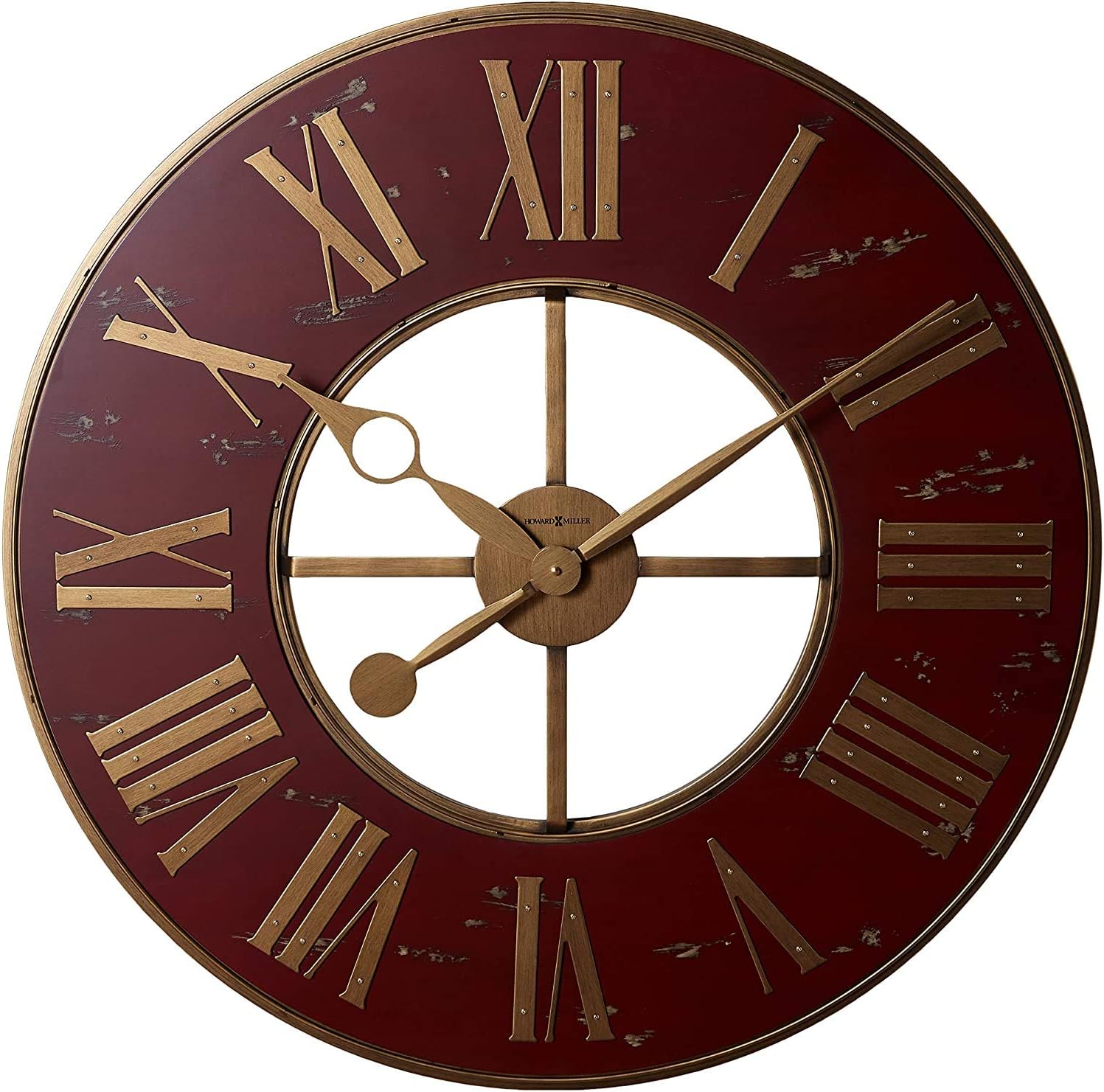 Howard Miller Boris Oversized Wall Clock – Distressed Red Ring, Antique Brass Finish, Open Face Roman Numerals, Battery Operated, Quiet Quartz Movement for Living Room or Kitchen Decor