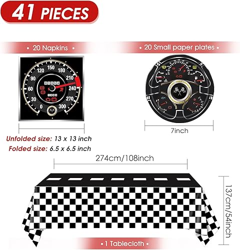 Vista 2 de 41 piezas de decoraciones para fiesta de cumpleaños de autos de carreras, juego de vajilla para fiesta Start Your Engines con mantel a cuadros