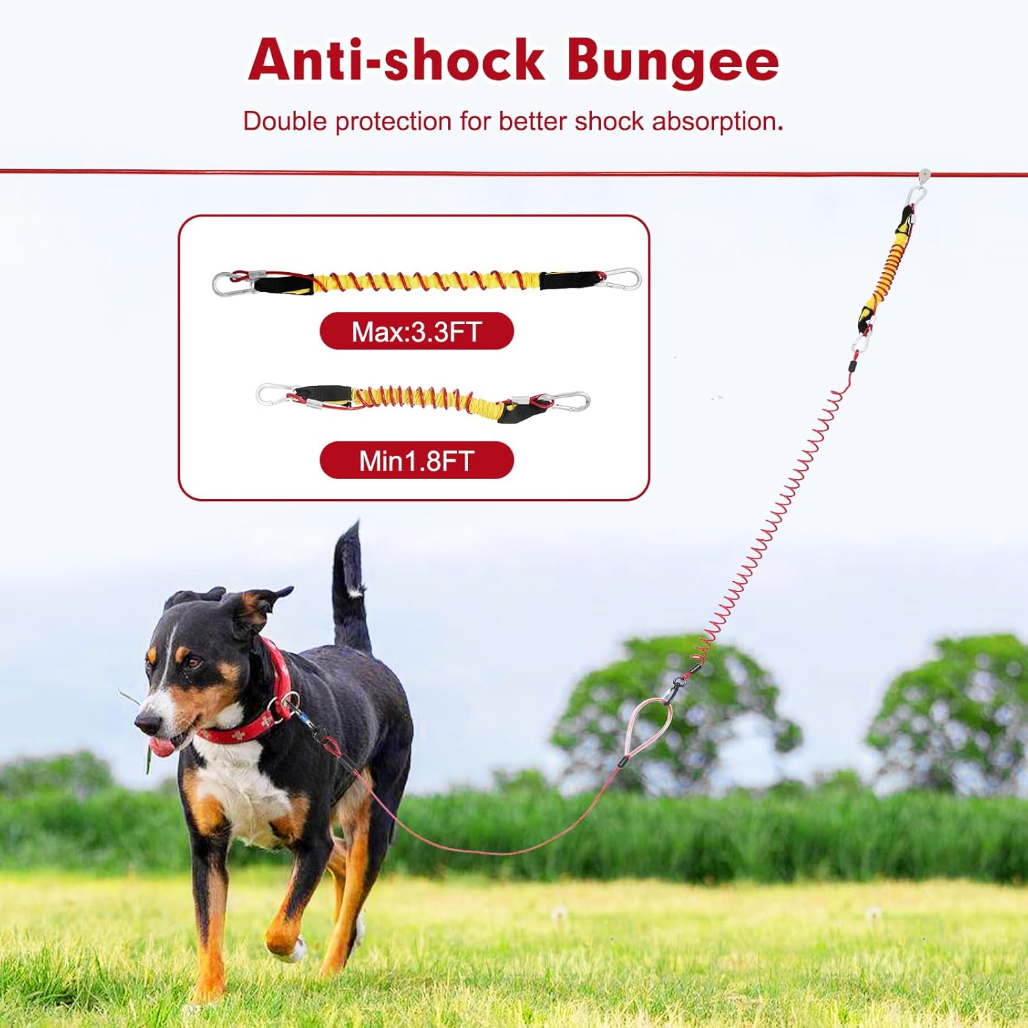 Dog Runner for Yard,Anti-Shock Aerial Trolley System 50/75/100/150/200FT,Heavy-Duty Dog Run Cable with Bungee for Small and Large Breeds,Pet Run and Zip Line for Backyards