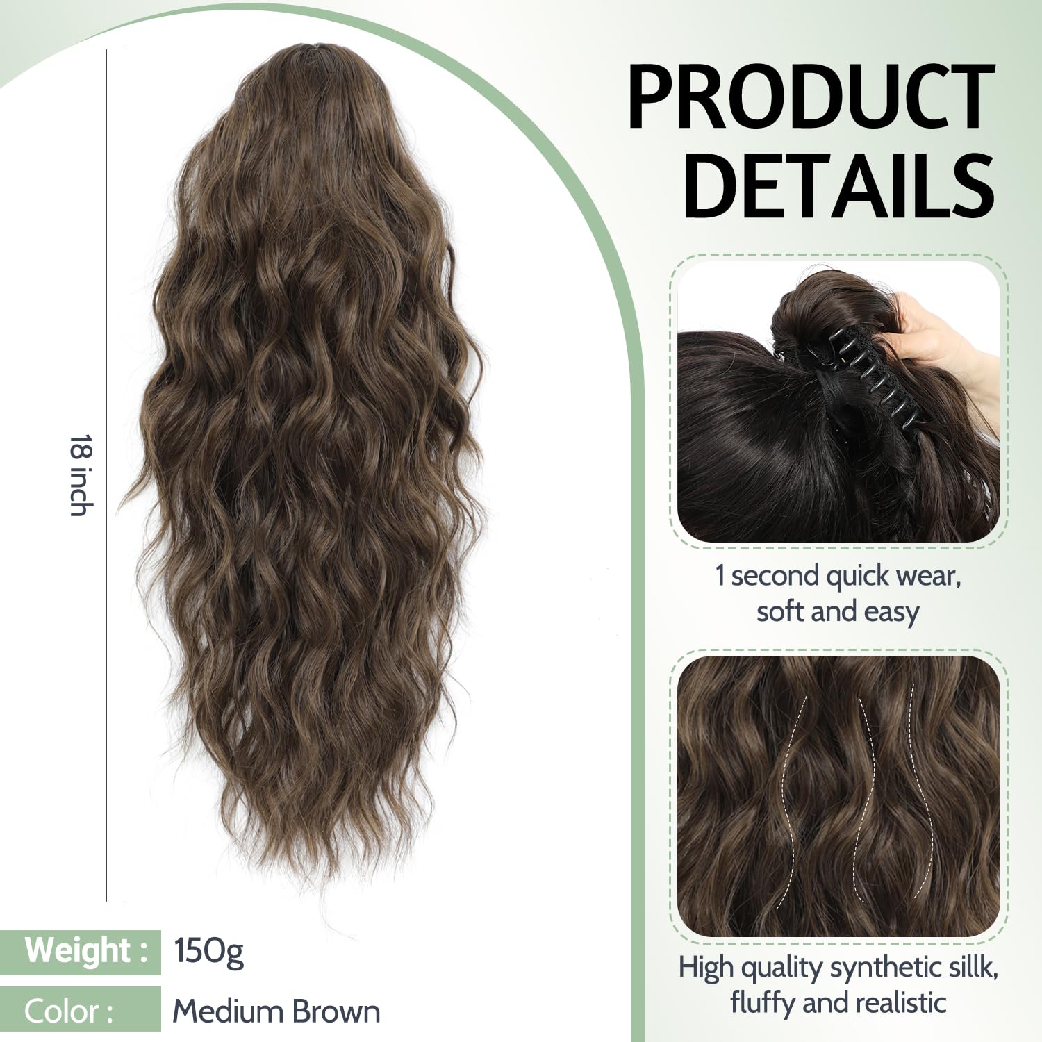 FINE PLUS Ponytail Extension, 18inch Claw Clip Ponytail Hair Extensions Synthetic Hair Pieces for Women Medium Brown - Image 3