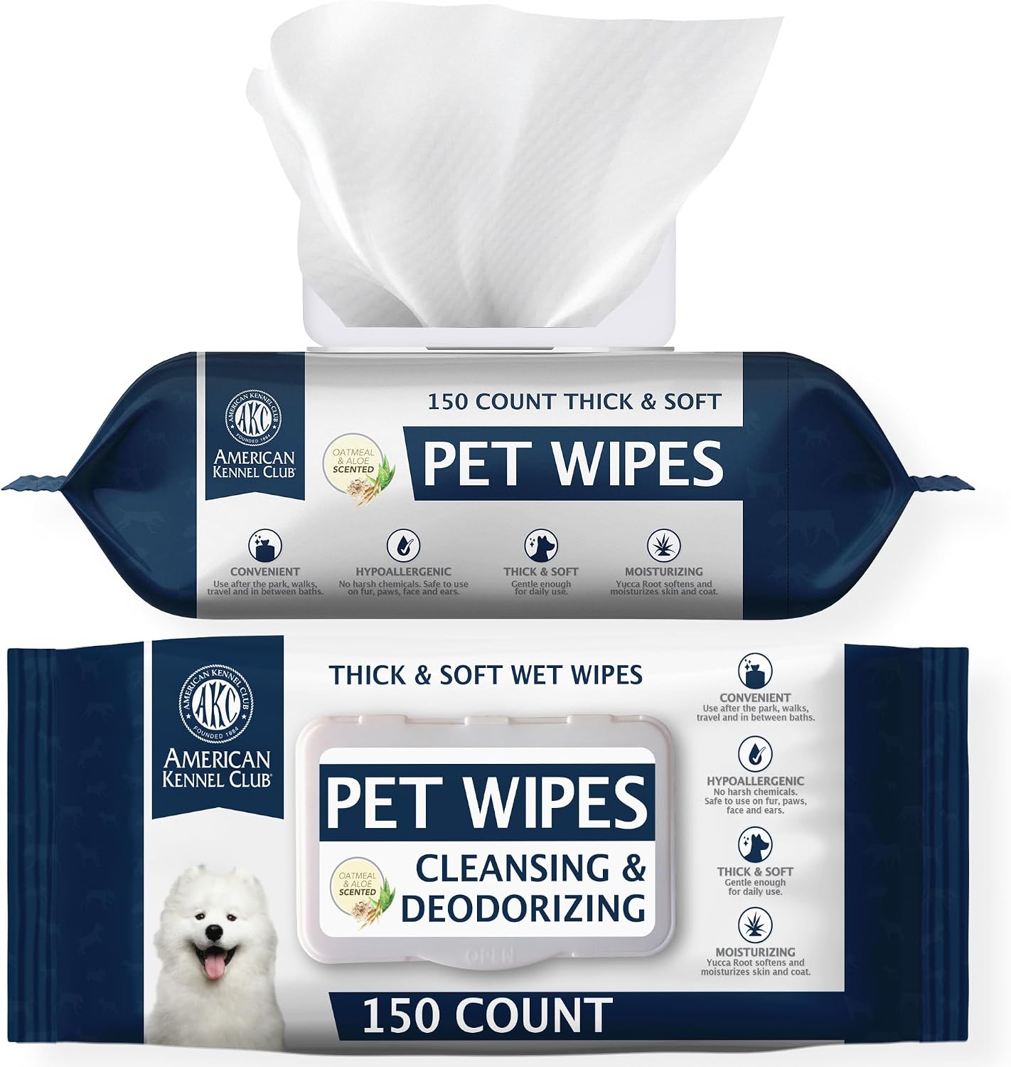 AKC Pet Wipes for Dogs & Cats, Hypoallergenic, Alcohol-Free, Oatmeal | Thick gentle wipes with natural aloe clean paws, face, ears and coat; available in Lavender, Fresh and Oatmeal.
