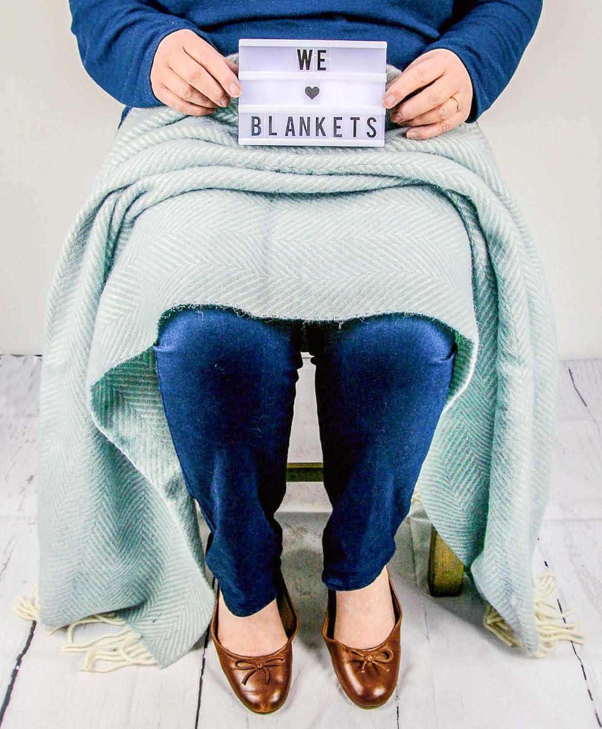 Herringbone - Pure New Wool - Knee Rug/Small Blanket - Duck Egg - British Made by Tweedmill, 70 x 183 cm - Image 3