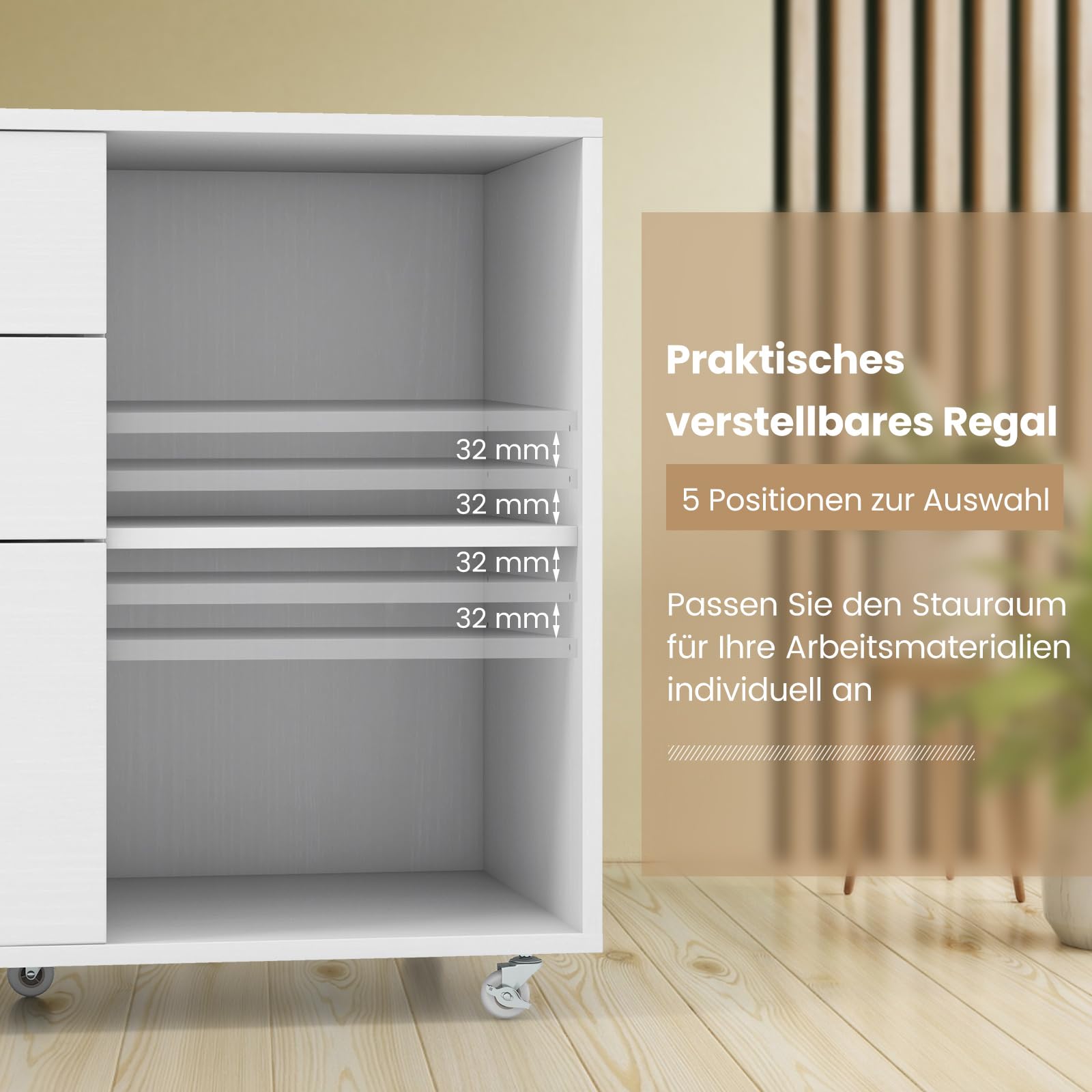 COSTWAY Rollcontainer mit 3 Schubladen, Aktenschrank mit Rollen und offenen Fächern, Druckerständer, Büroschrank für Dokumente in DIN A4-, Letter-Format, Legal-Format (Weiß)