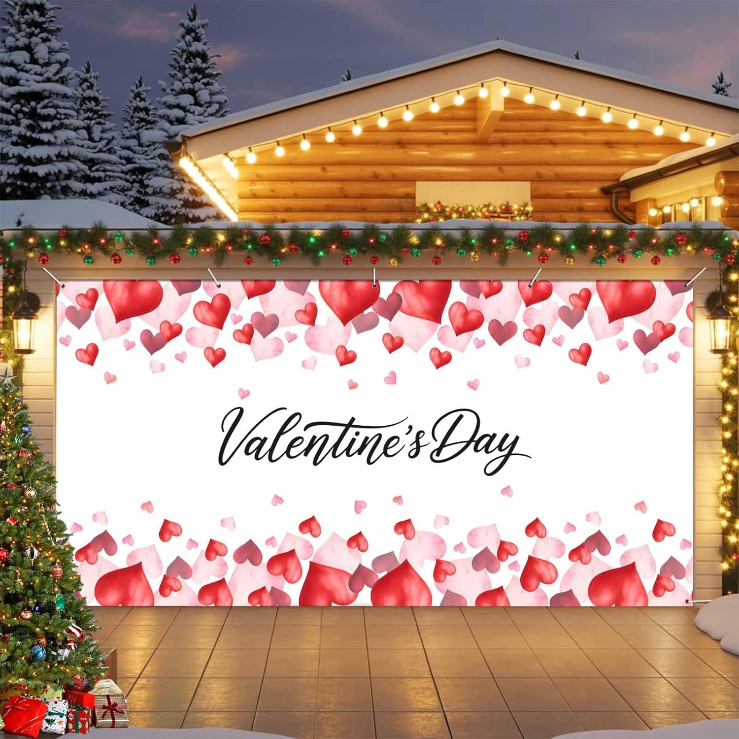 Valentines Day Garage Door Cover 7x16Ft Garage Door Banner Cover, Pink Red Love Heart Garage Door Decorations Backdrop for Christmas Holiday Garage Door Covers