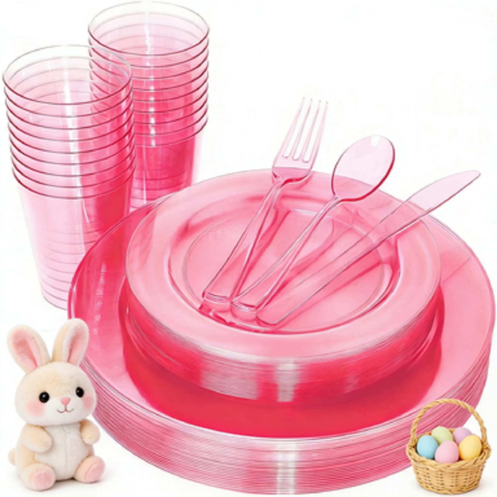 WDF 25 Guest Pink Plates with Pink Plastic Silverware&Pink Cups-Neon Clear Disposable Dinnerware include 50 Plates,25Forks, 25 Knives, 25 Spoons,25