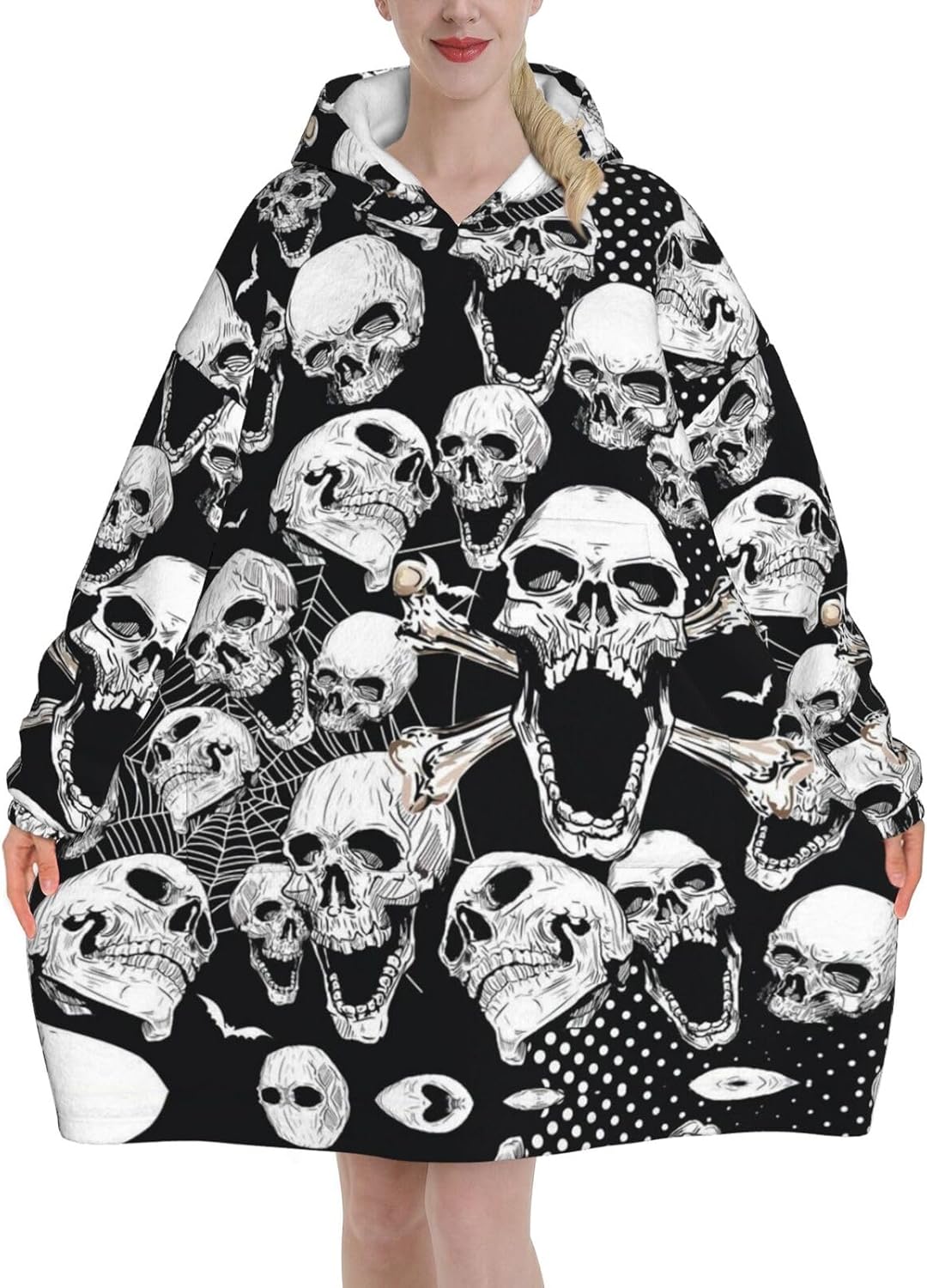MUSM Skull Background Print Blanket Hoodie Fleece Sweatshirt Blanket With Sleeves And Pockets