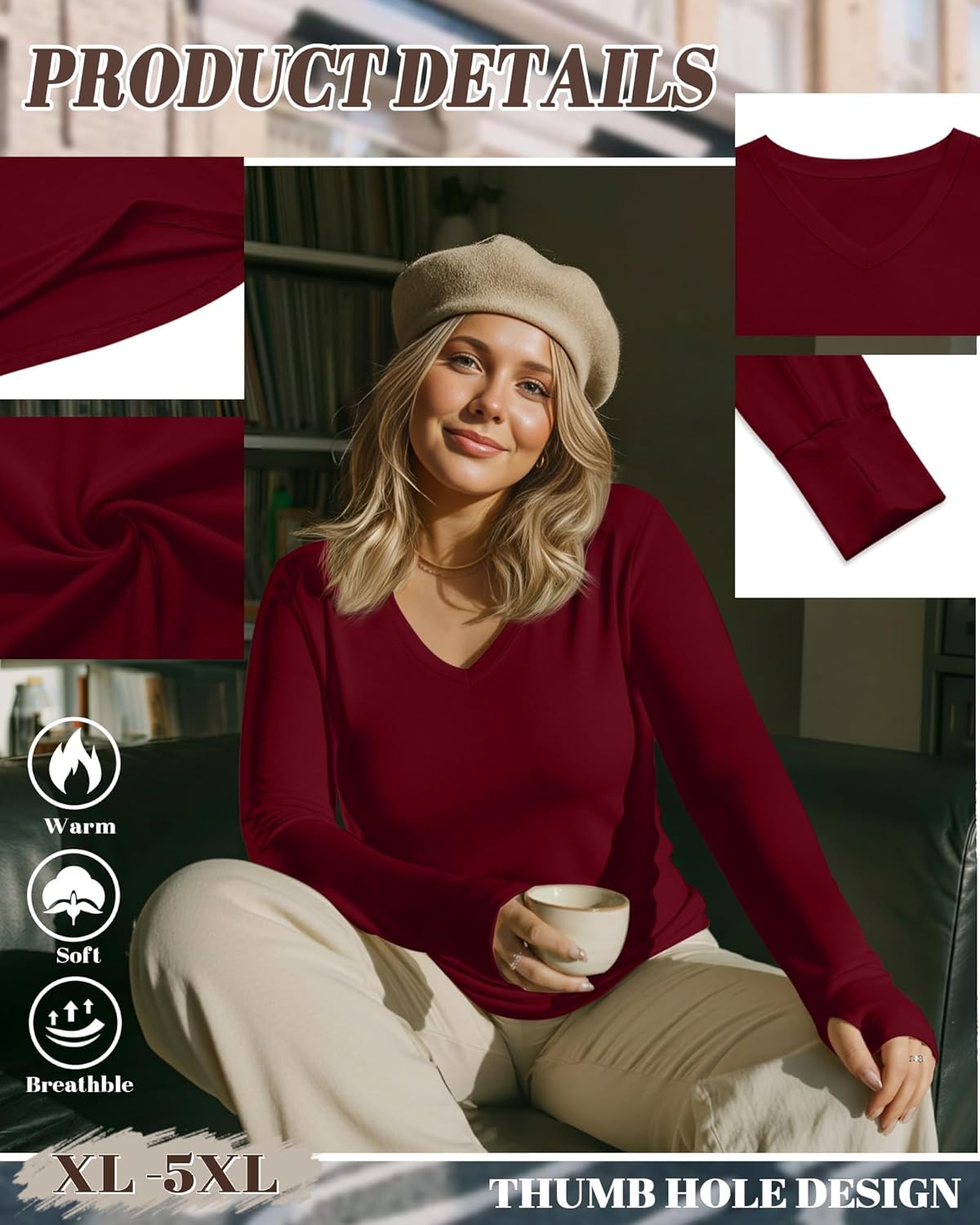 Huukeay 3 Pack Women's Plus Size Long Sleeve Shirts Thumb Holes V Neck Tunic Tops Loose Fit Curved Hem Casual 2026 Y2k Tees - Image 3