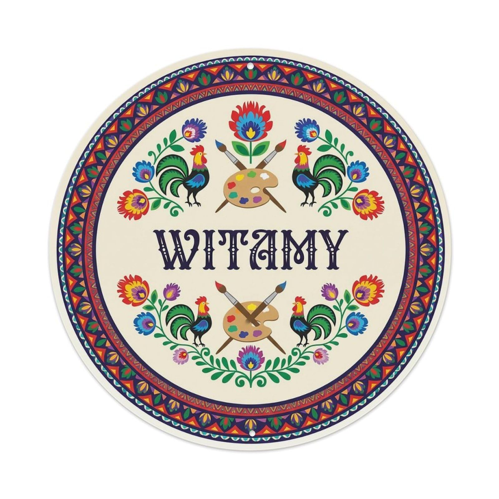 Vintage Polish Folk Art Witamy Welcome Painting Art Metal Tin Sign