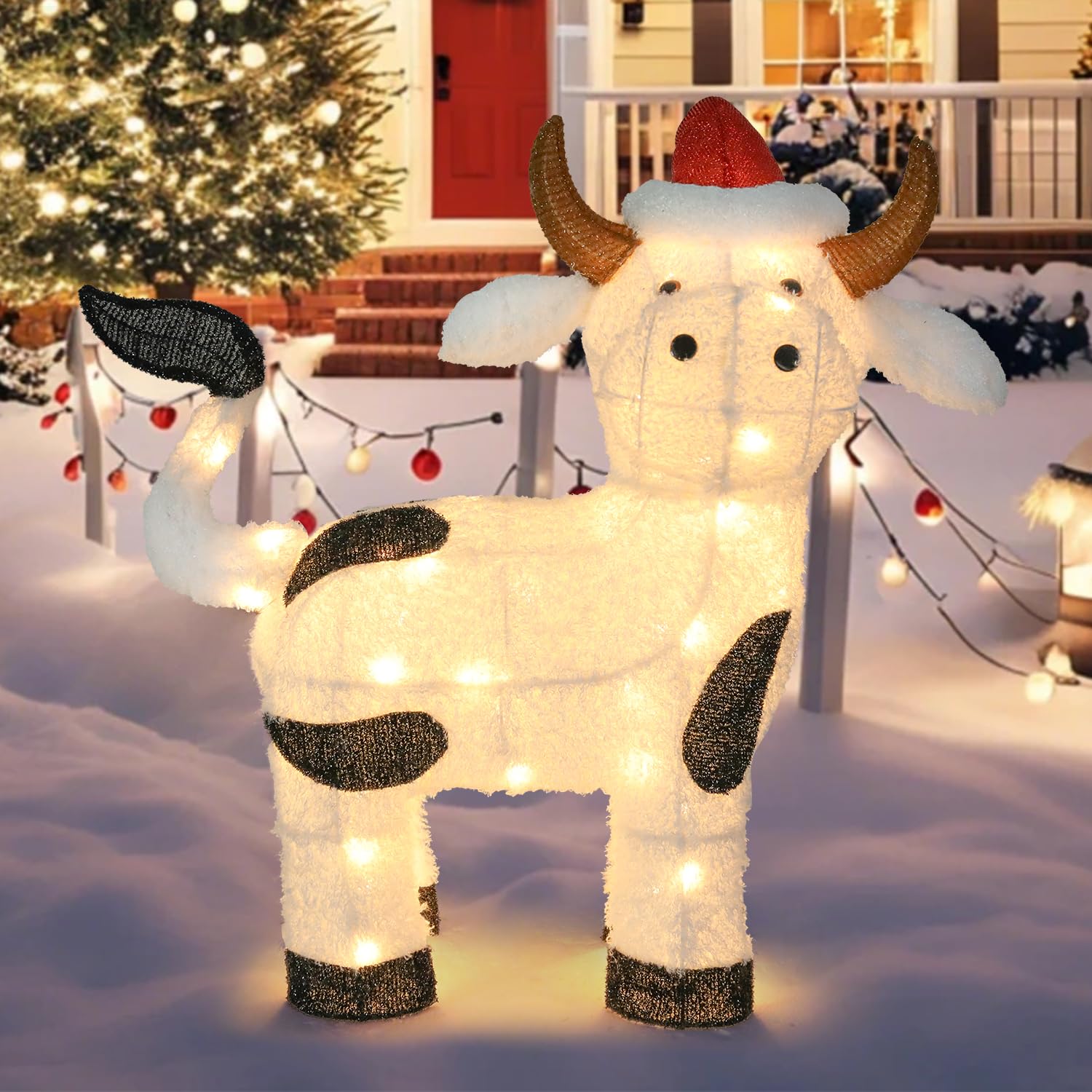 Vache de Noël extérieure pour décoration de vacances lumineuse et originale