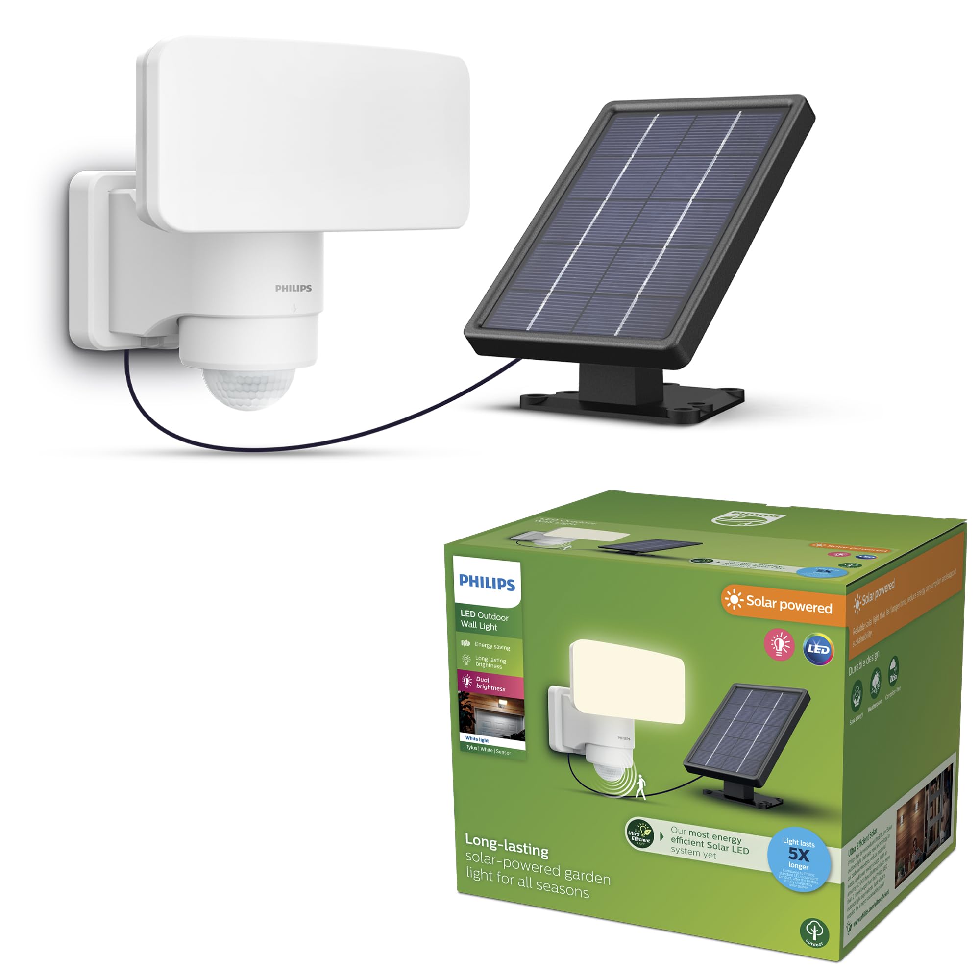 PHILIPS Tylus UltraEfficient Outdoor Solar Security Light with Sensor, 3000K, 1000/50lm, White​