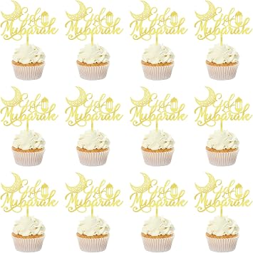 12pcs Acrylic gold Eid Mubarak Cake Topper | Ramadan Cupcake Topper Cake Decorations for Muslim Party Favors SuppliesAcrylic gold