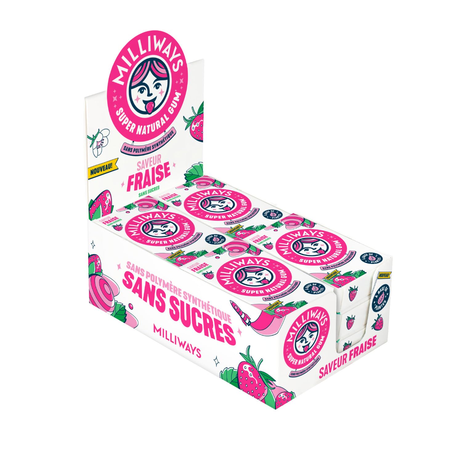 MILLIWAYS Chewing gum sans sucres à la fraise 12 boîtes de 10 dragées 20g Xylitol sans aspartame