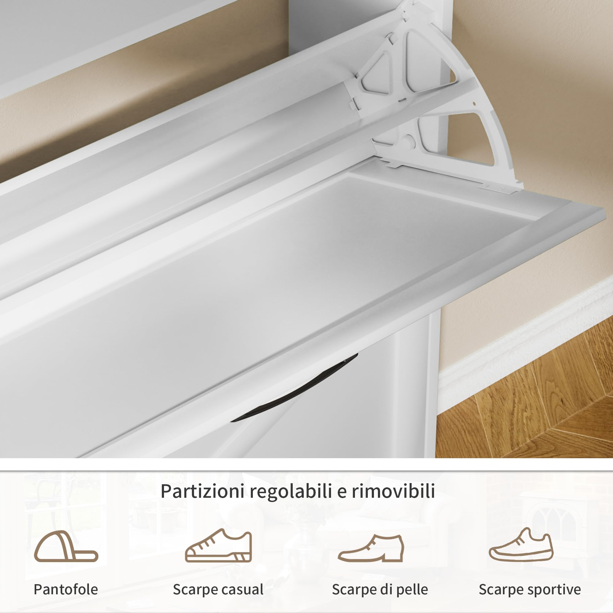 BonVache Scarpiera Salvaspazio Slim in Legno, 2 Ante Scanalate a Ribalta, Scarpiera con 2 piattaforme regolabili, piedini in metallo, per corridoio, ingresso, 80 x 23,8 x 101,7 cm, Bianco