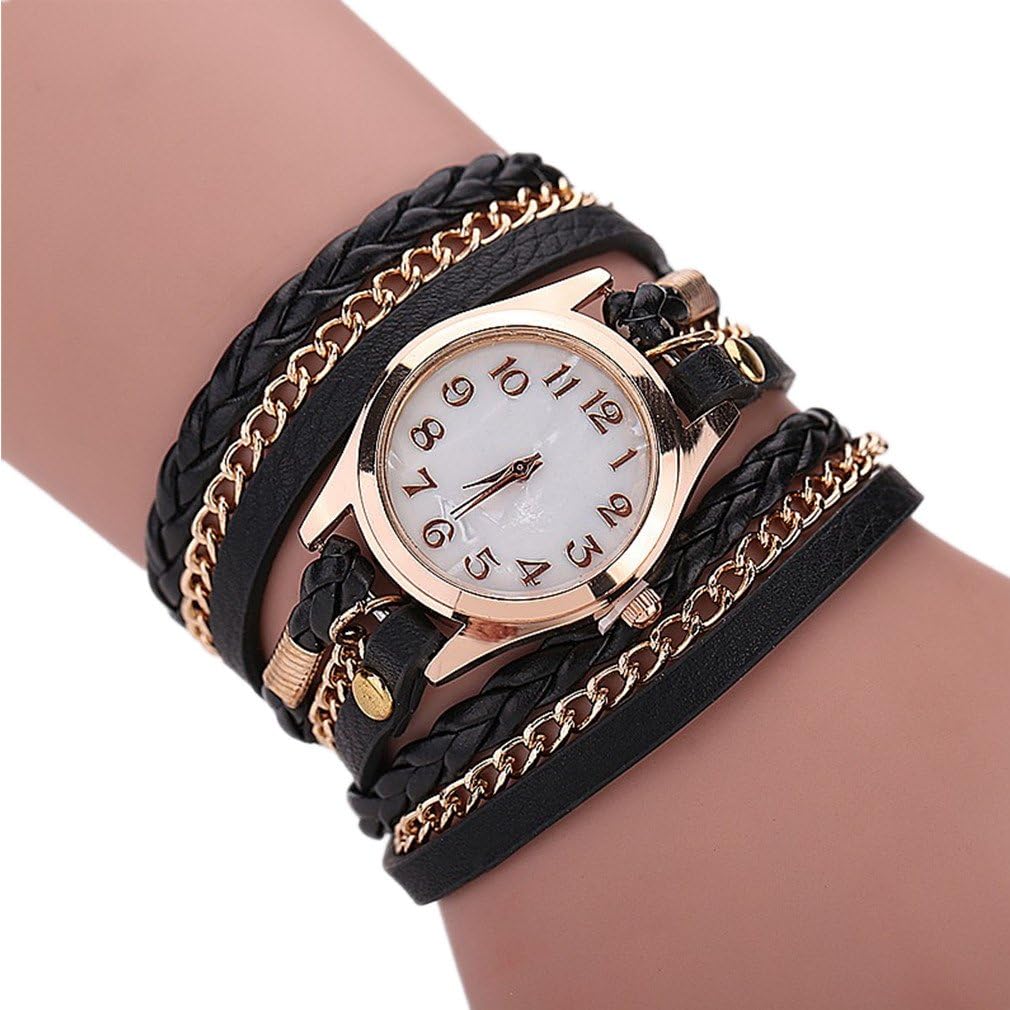 Ryanwayland Women Dress Bracelet Gold Dial Leather Chain Wrap Quartz Watch Black
