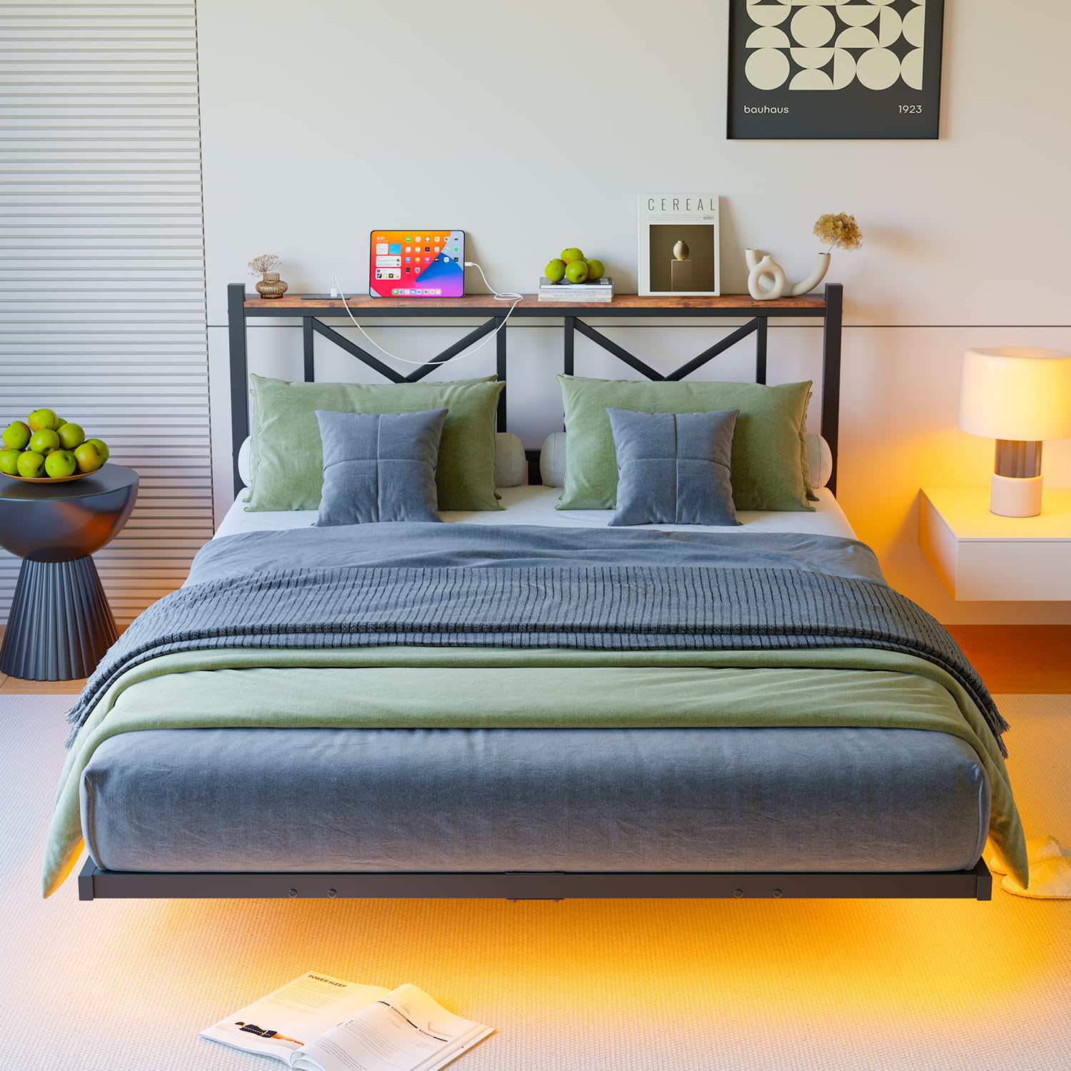 ARFARLY Floating Bed Frame King Size with LED Lights&Charging Station,5ft Kingsize Bed Frame with Wooden Storage Headboard Heavy Duty Metal Slats, No Box Spring Needed, Noise Free, Easy Assembly