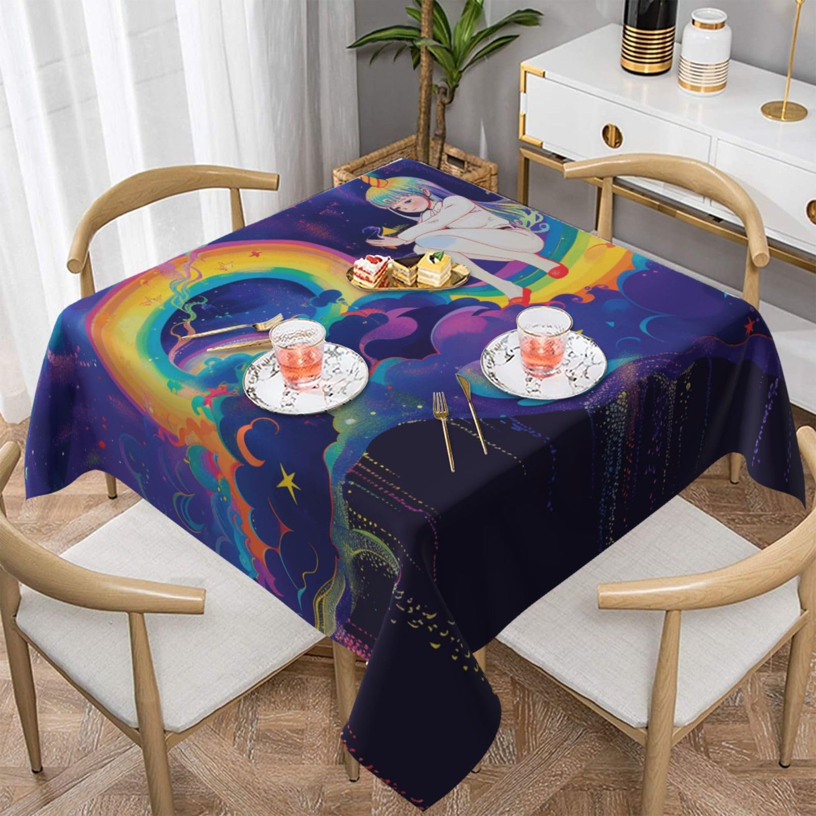 WPKJU Rainbow Printed Square Tablecloth 60x60 inch Water Resistant Table Cover Washable Rectangle Table Cloth for Dining Tables