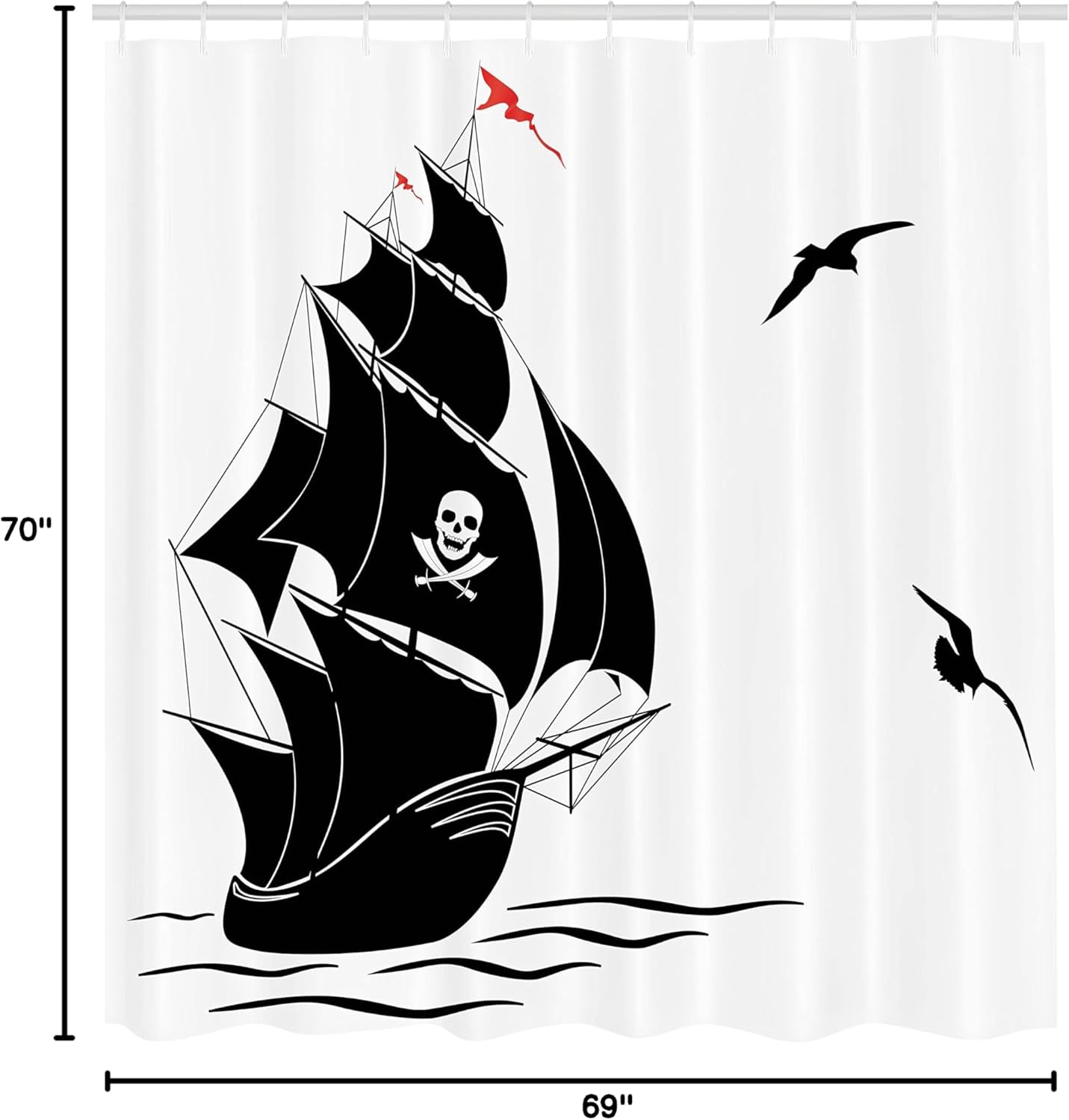 Ambesonne Pirate Shower Curtain, Silhouette of Old Sail Pirate Ship Flying Seagulls Ocean Waves Jolly Roger, Cloth Fabric Bathroom Decor Set with Hooks, 69" W x 70" L, Black White